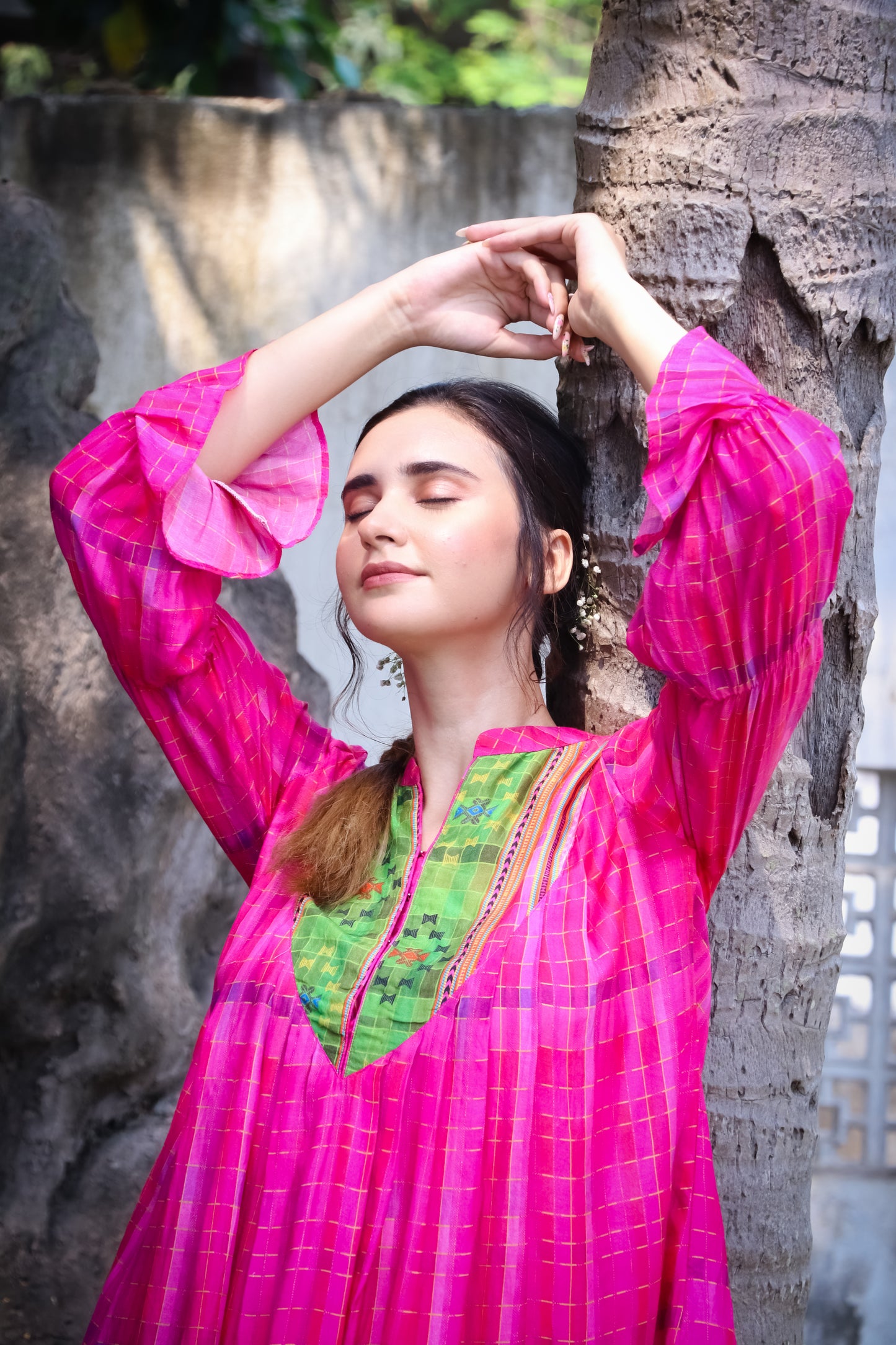 Pink madras self checks muslin kurti with printed yoke and dhoti pants