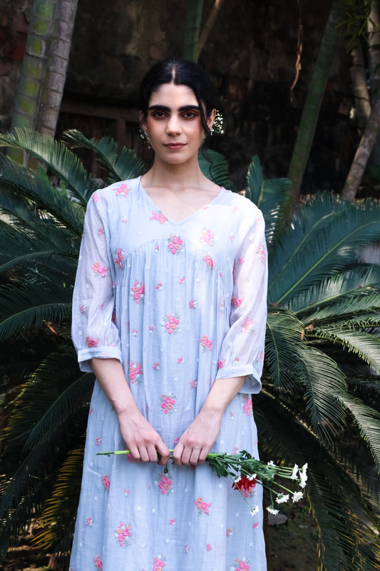 Powder blue digitally  floral embroidered motifs on chanderi kurta/dress