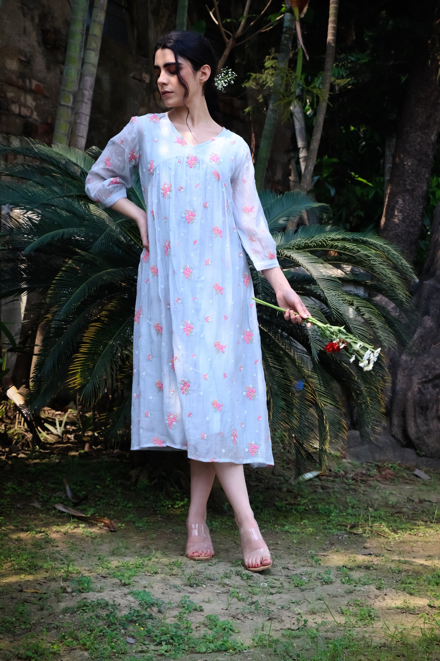 Powder blue digitally  floral embroidered motifs on chanderi kurta/dress