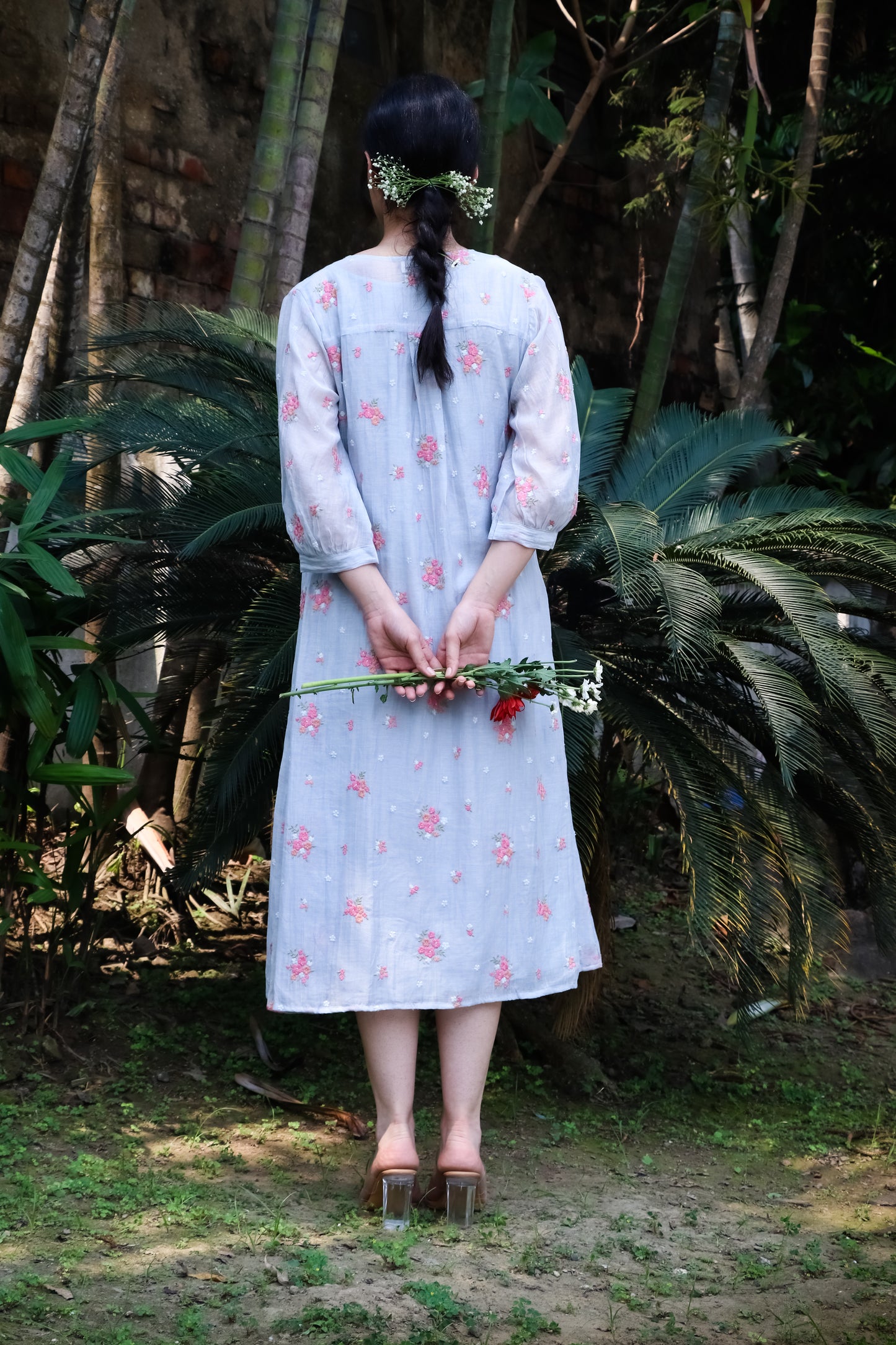 Powder blue digitally  floral embroidered motifs on chanderi kurta/dress