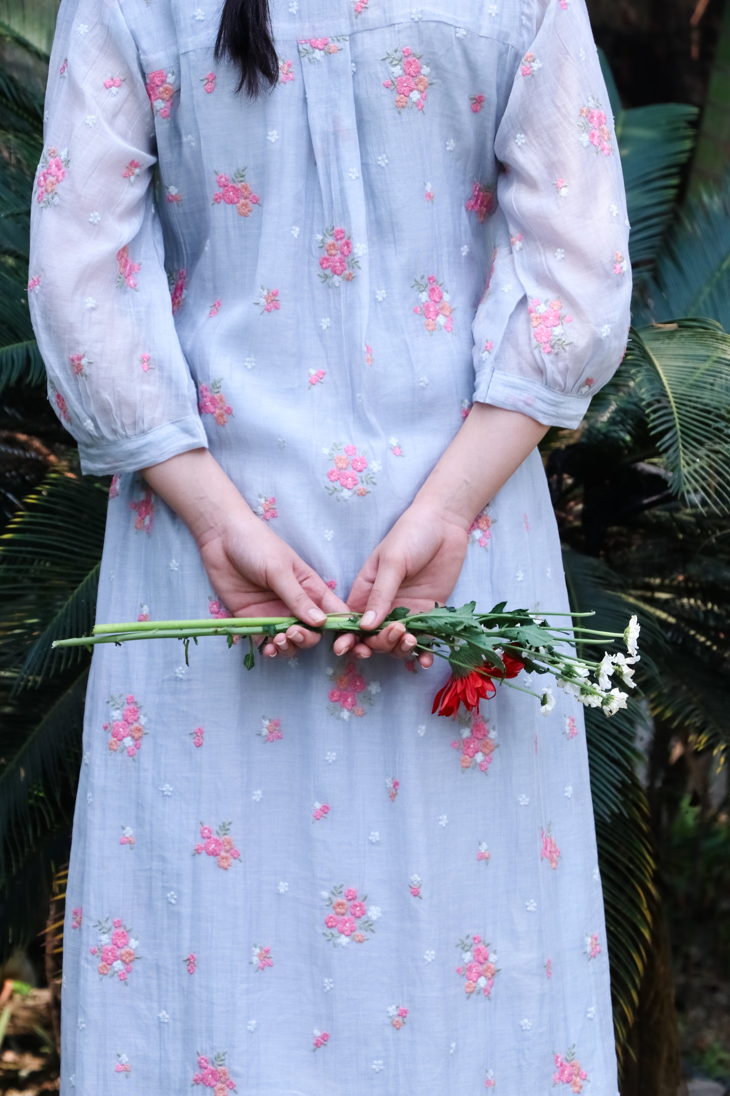 Powder blue digitally  floral embroidered motifs on chanderi kurta/dress