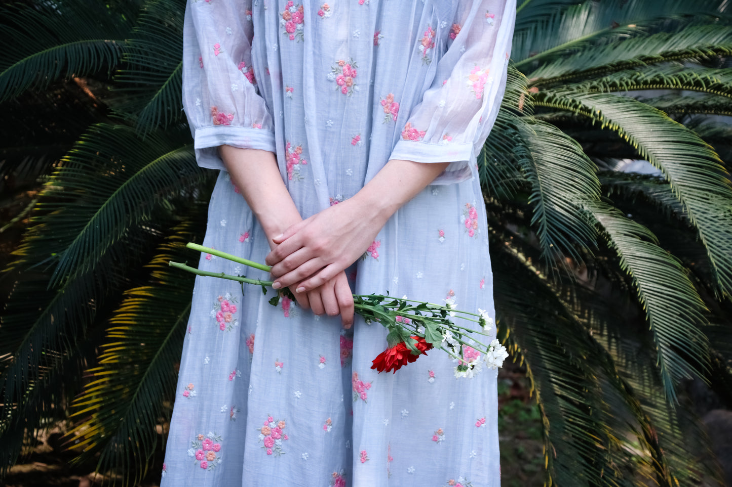 Powder blue digitally  floral embroidered motifs on chanderi kurta/dress