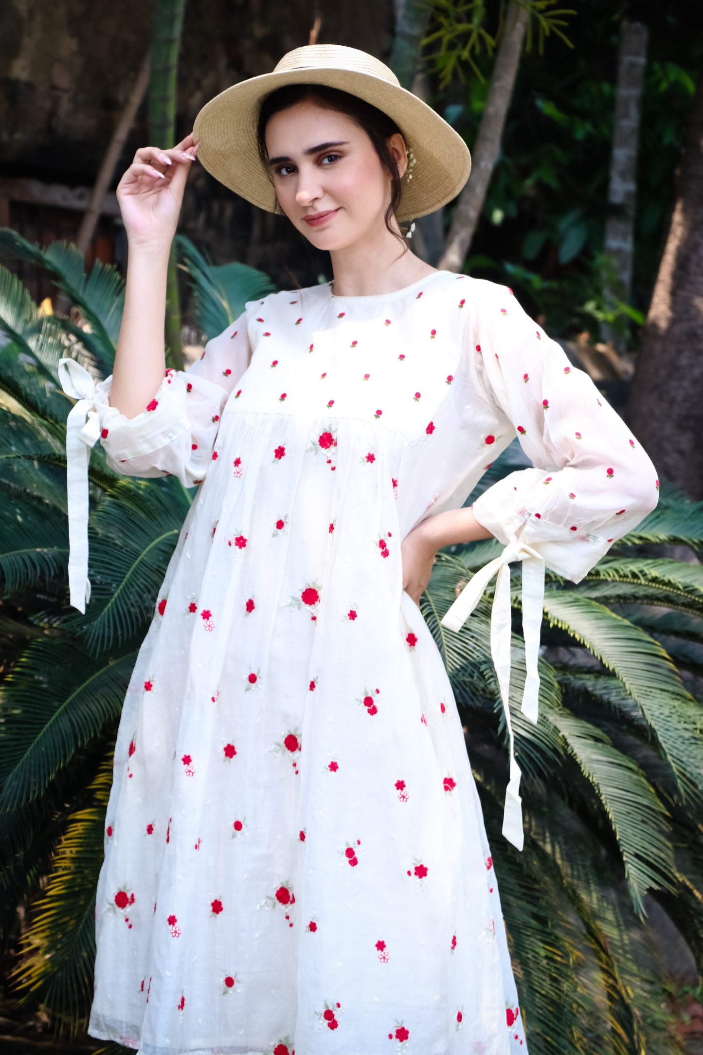 Off white chanderi digitally embroidered with red blooms kurta/dress.