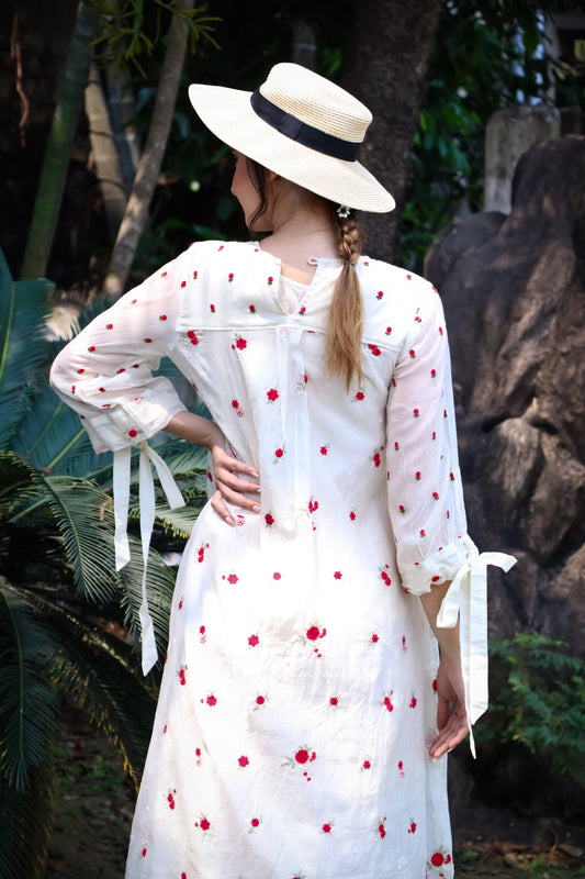 Off white chanderi digitally embroidered with red blooms kurta/dress.