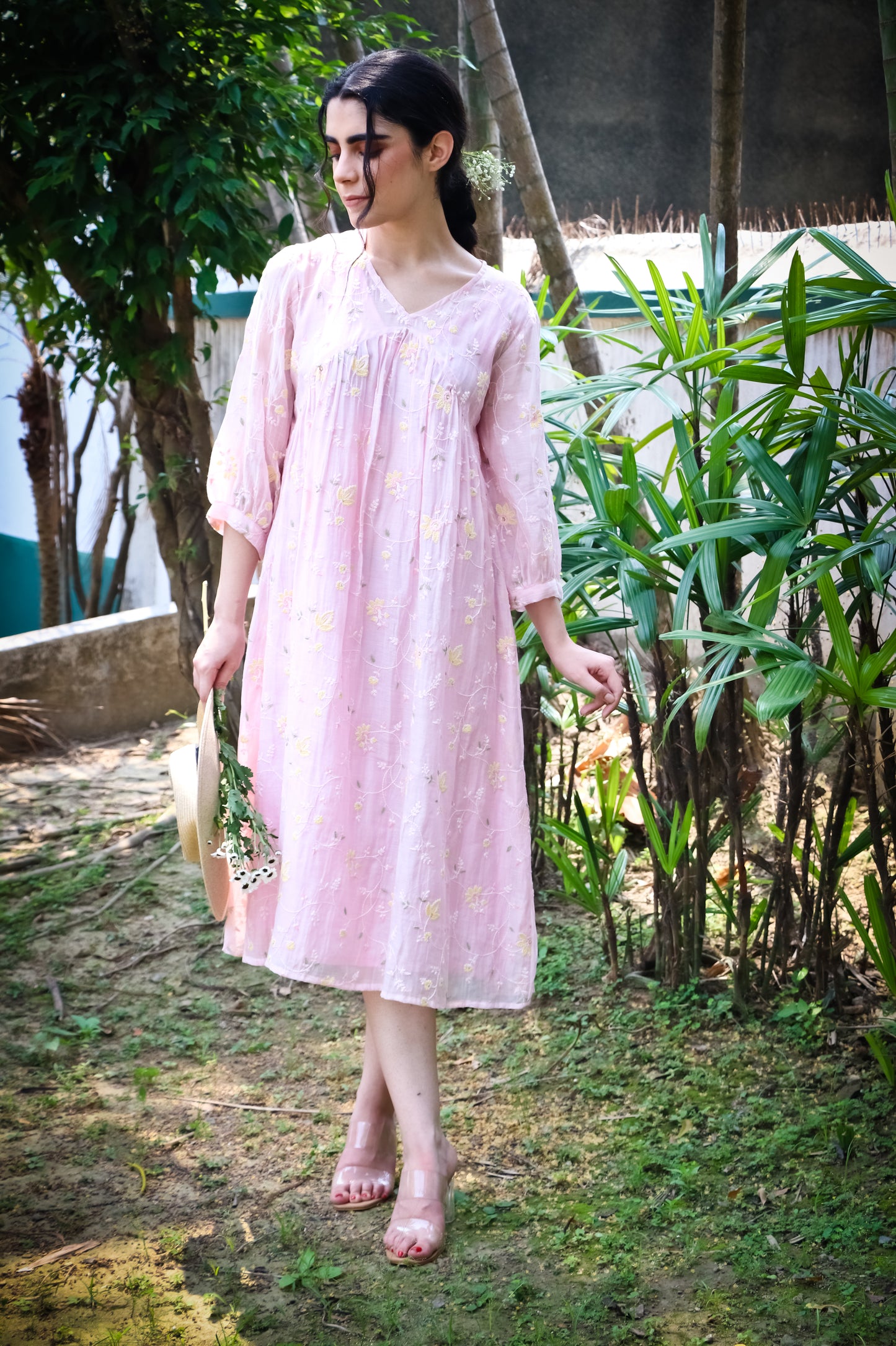 Baby pink digitally embroidered  chanderi kurta/dress.