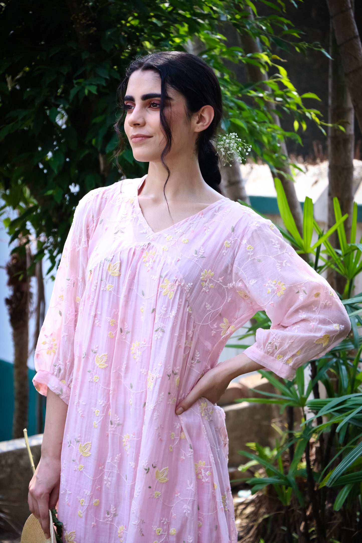 Baby pink digitally embroidered  chanderi kurta/dress.