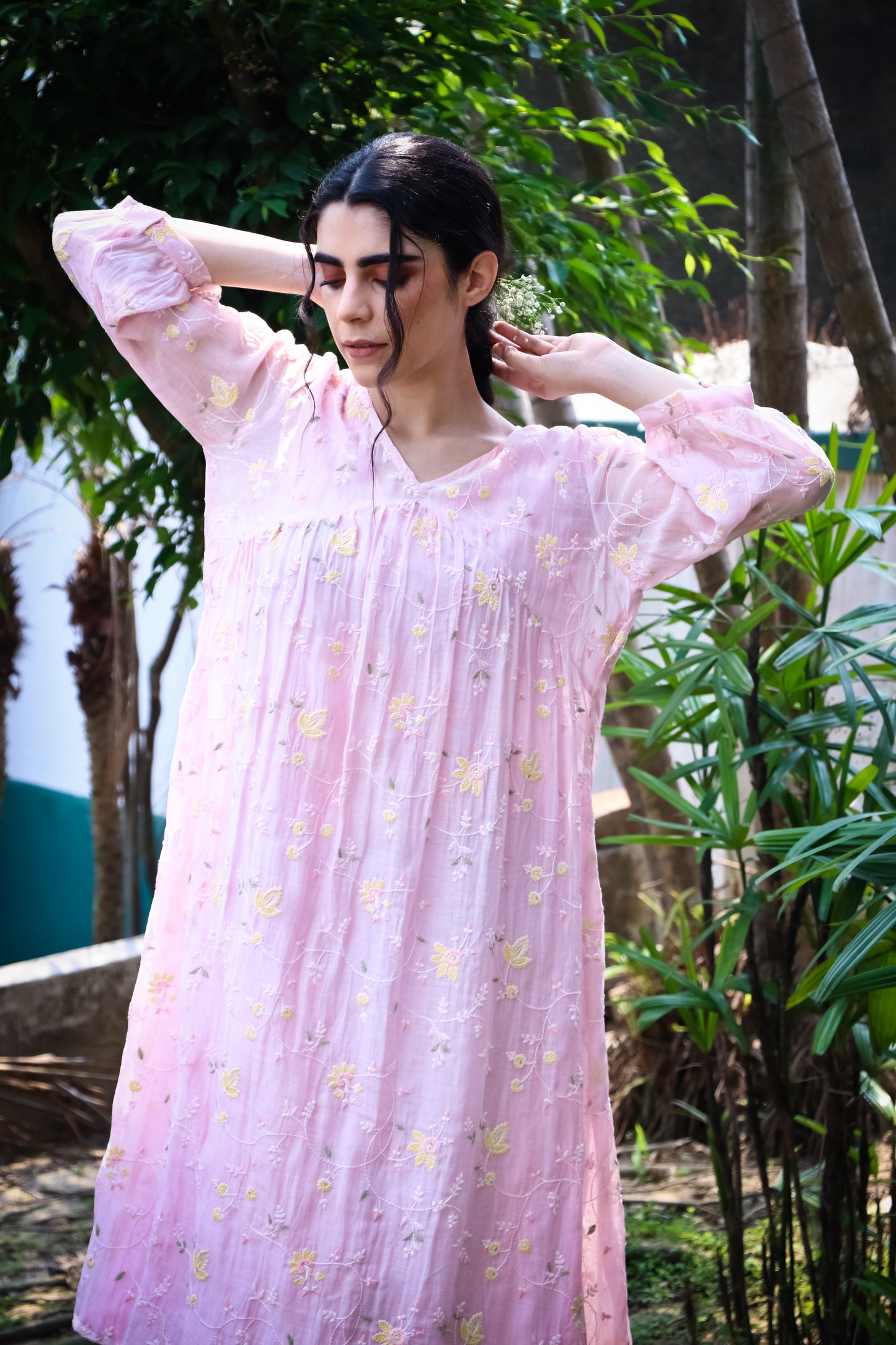 Baby pink digitally embroidered  chanderi kurta/dress.