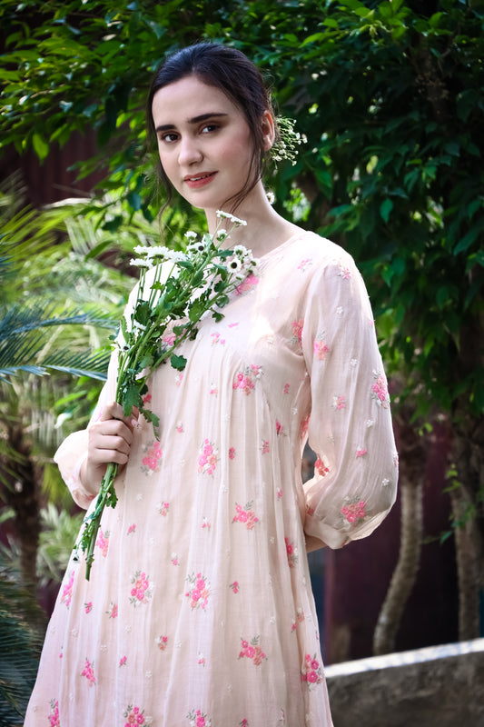 Peach digitally embroidered floral motifs chanderi kurta/dress