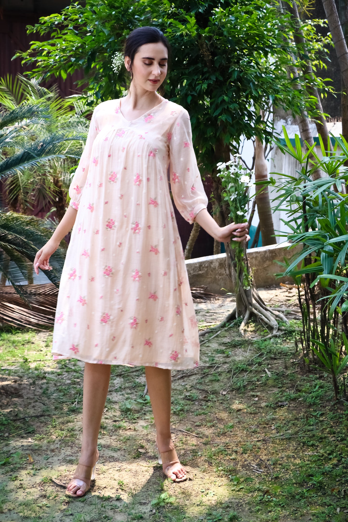 Peach digitally embroidered floral motifs chanderi kurta/dress