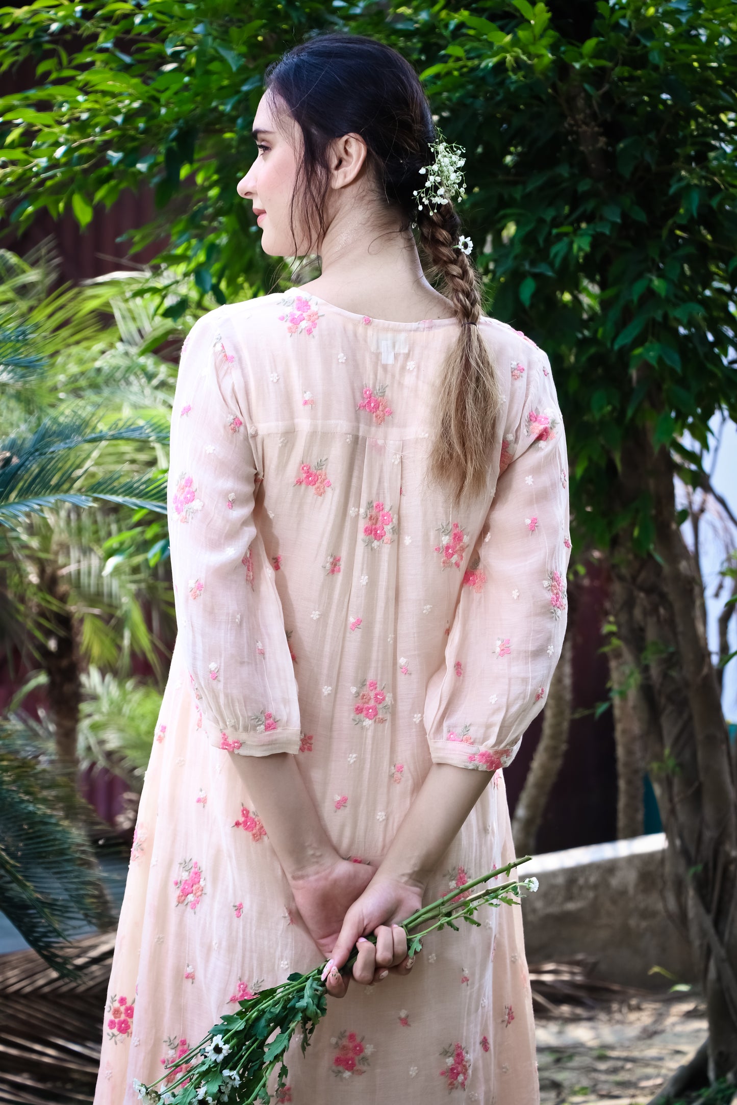 Peach digitally embroidered floral motifs chanderi kurta/dress