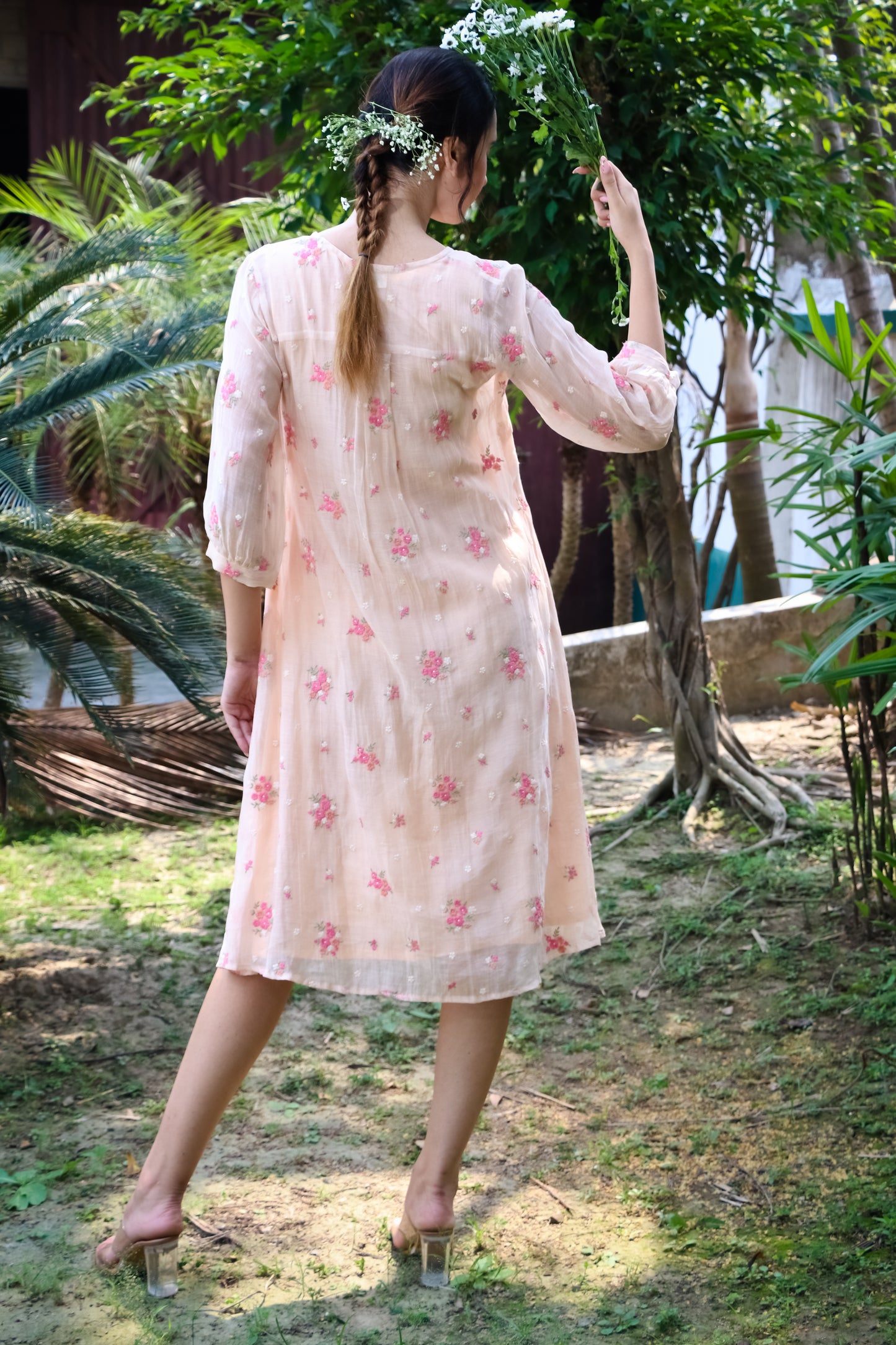 Peach digitally embroidered floral motifs chanderi kurta/dress