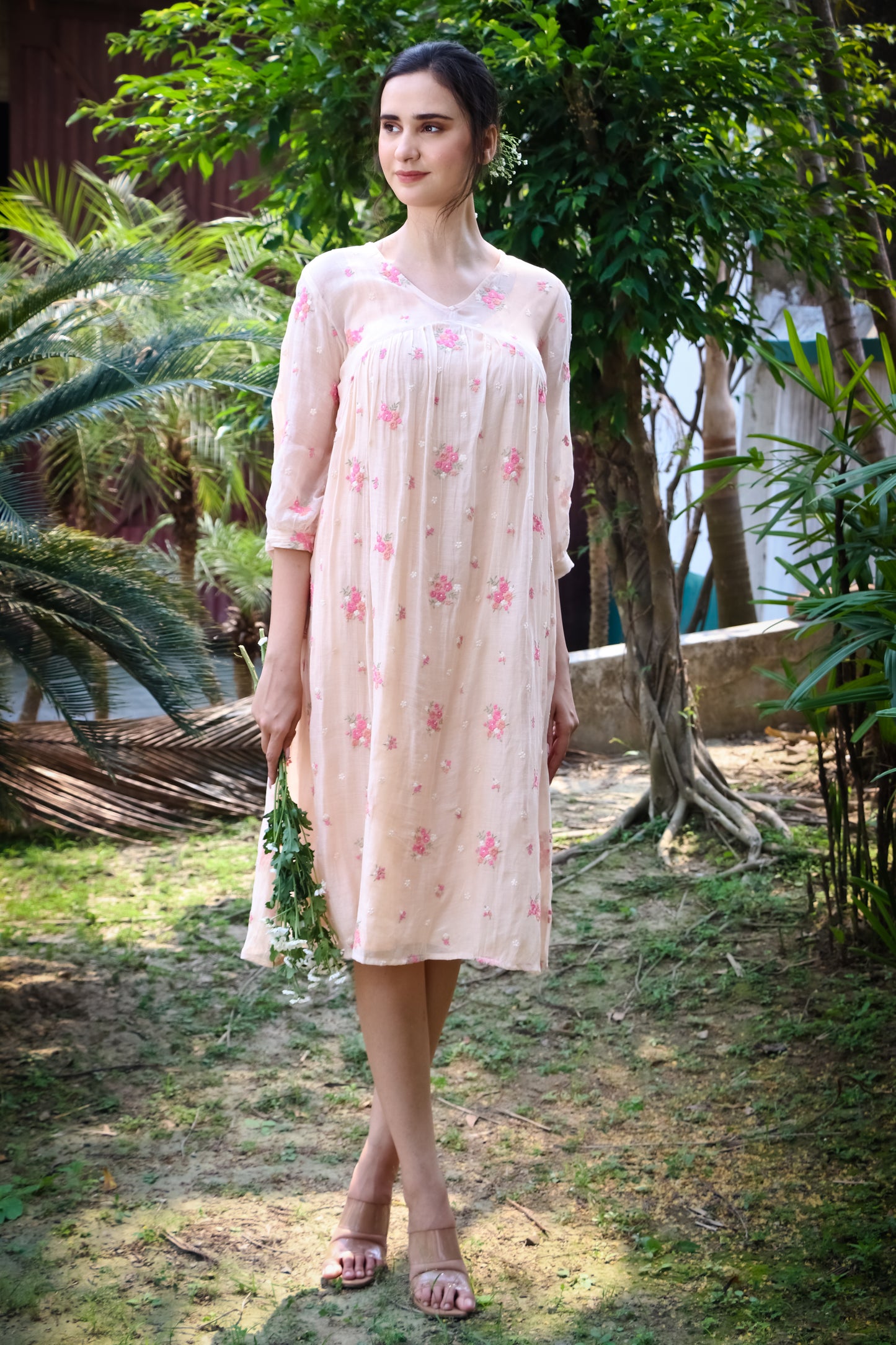 Peach digitally embroidered floral motifs chanderi kurta/dress