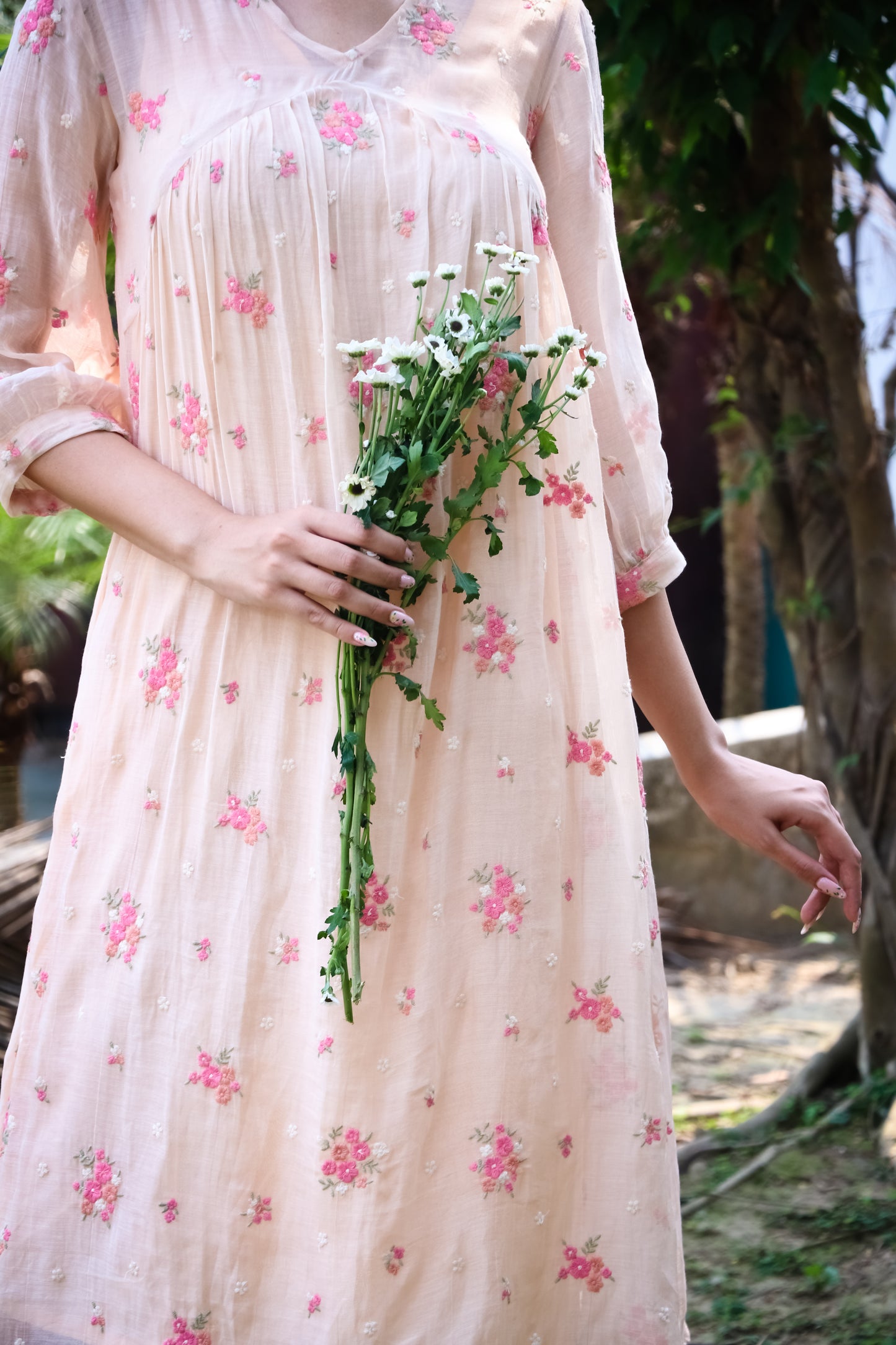 Peach digitally embroidered floral motifs chanderi kurta/dress