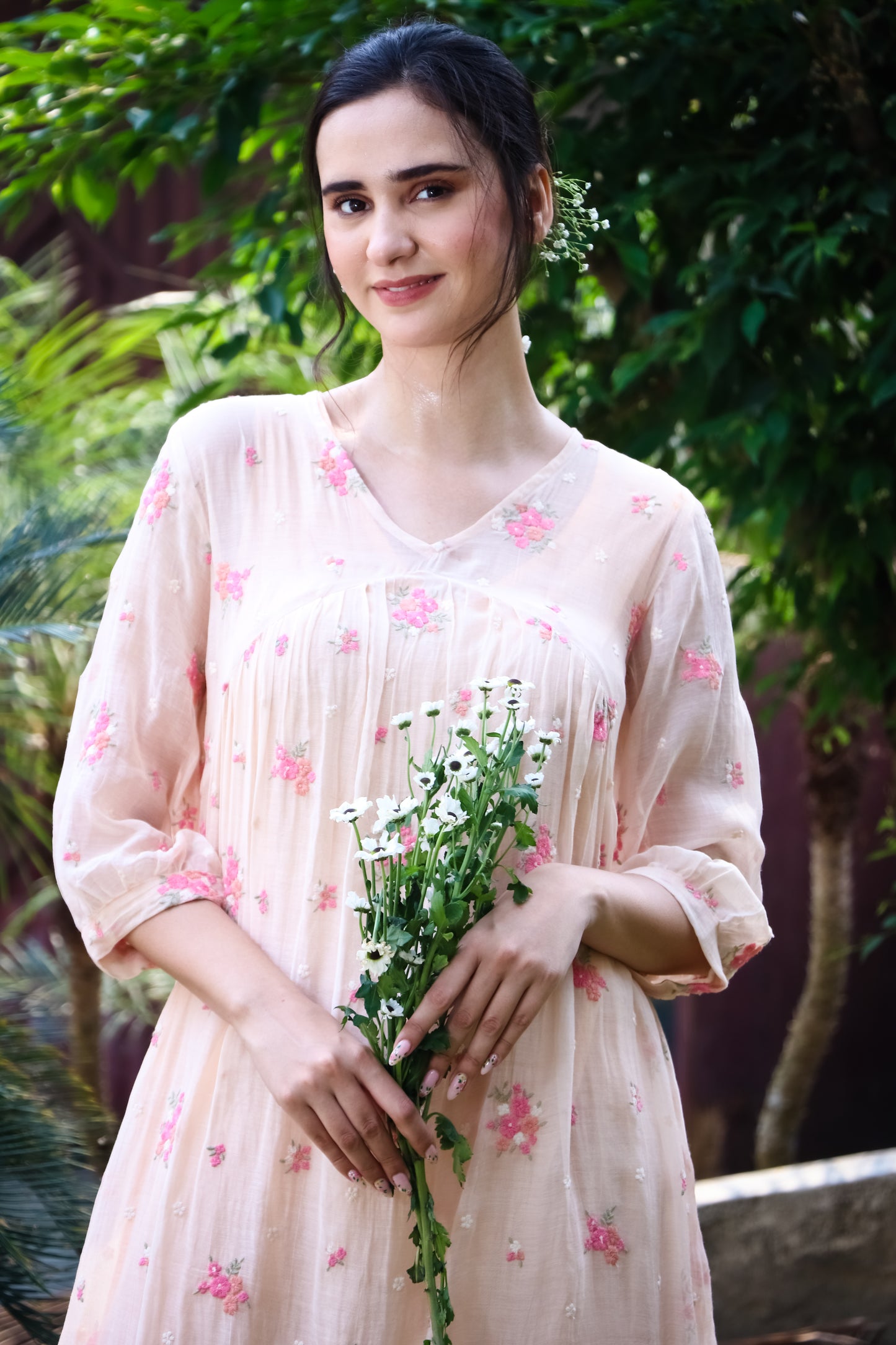 Peach digitally embroidered floral motifs chanderi kurta/dress