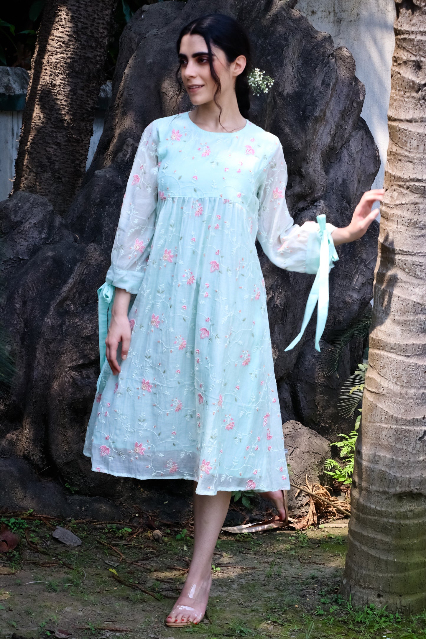 Sea green chanderi digitally embroidered floral  design kurta/dress