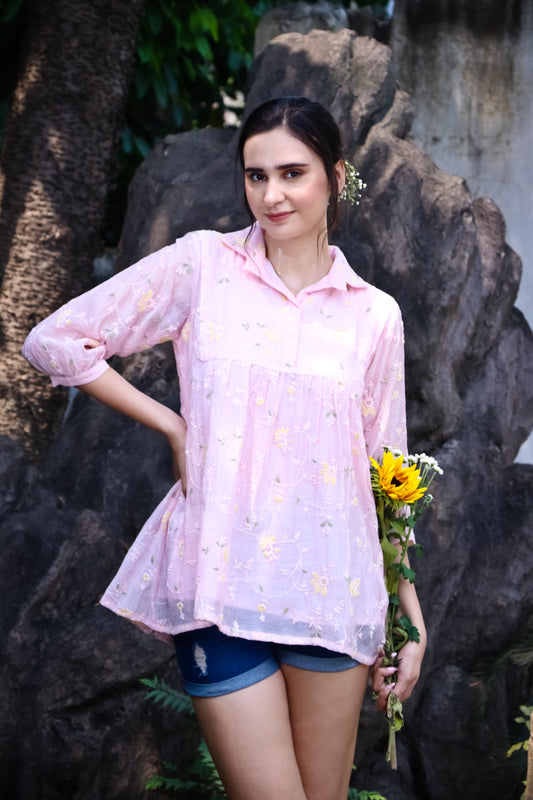 Baby Pink shirt in chanderi with digitally embroidered floral design.