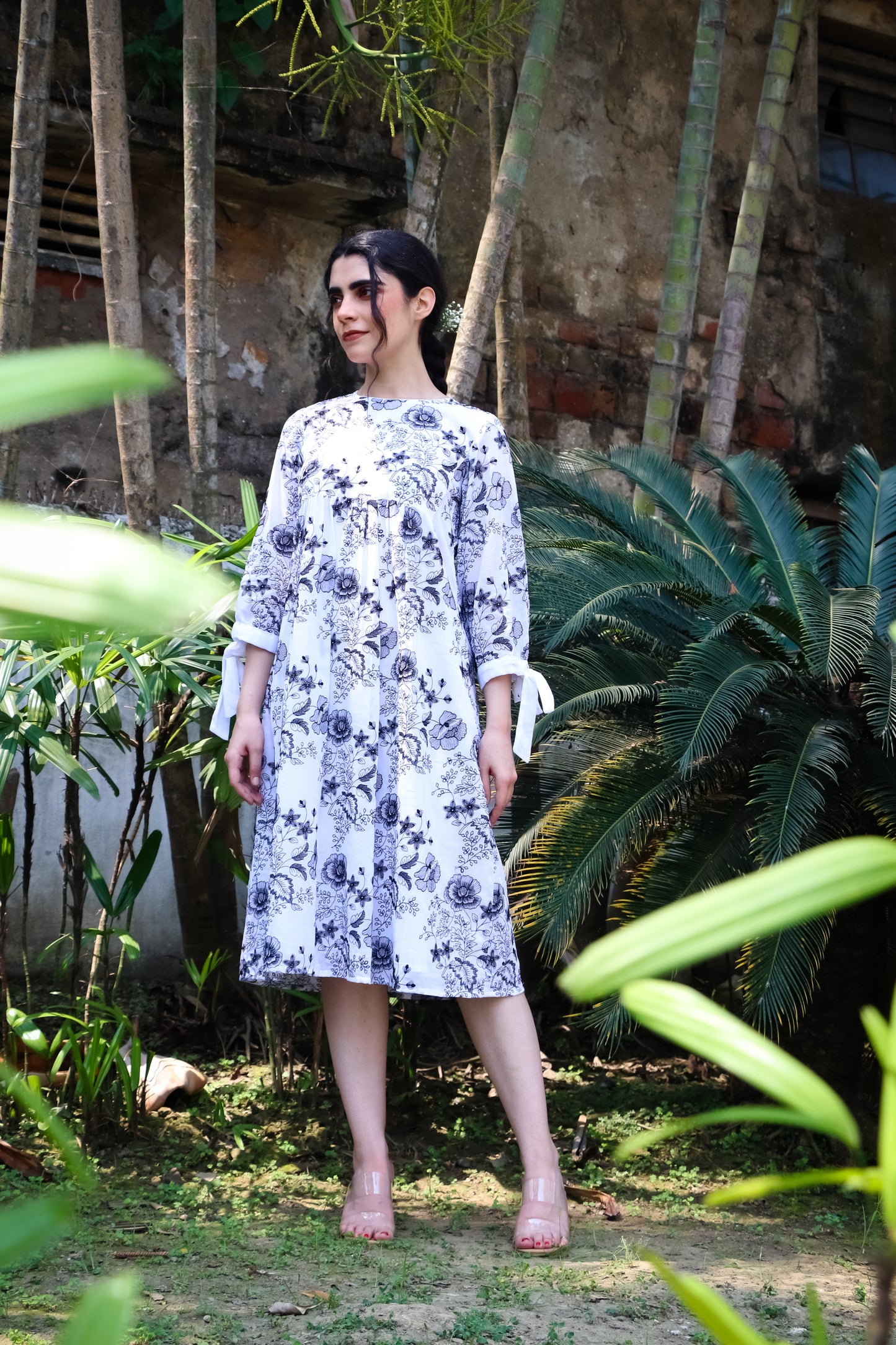 Chanderi white kurta/dress with black floral digital embroidery