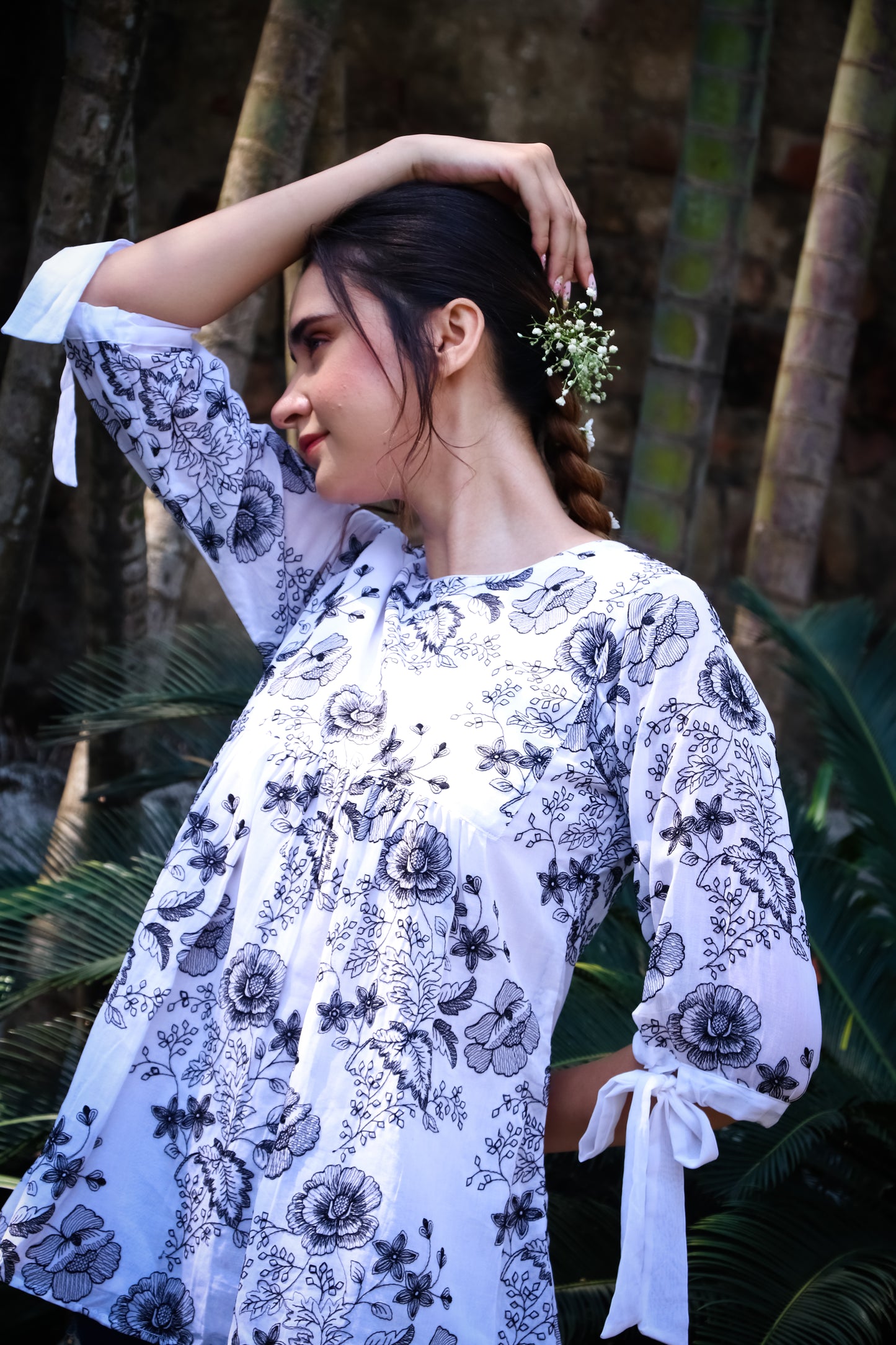 Chanderi white shirt with black digitally embroidered floral design