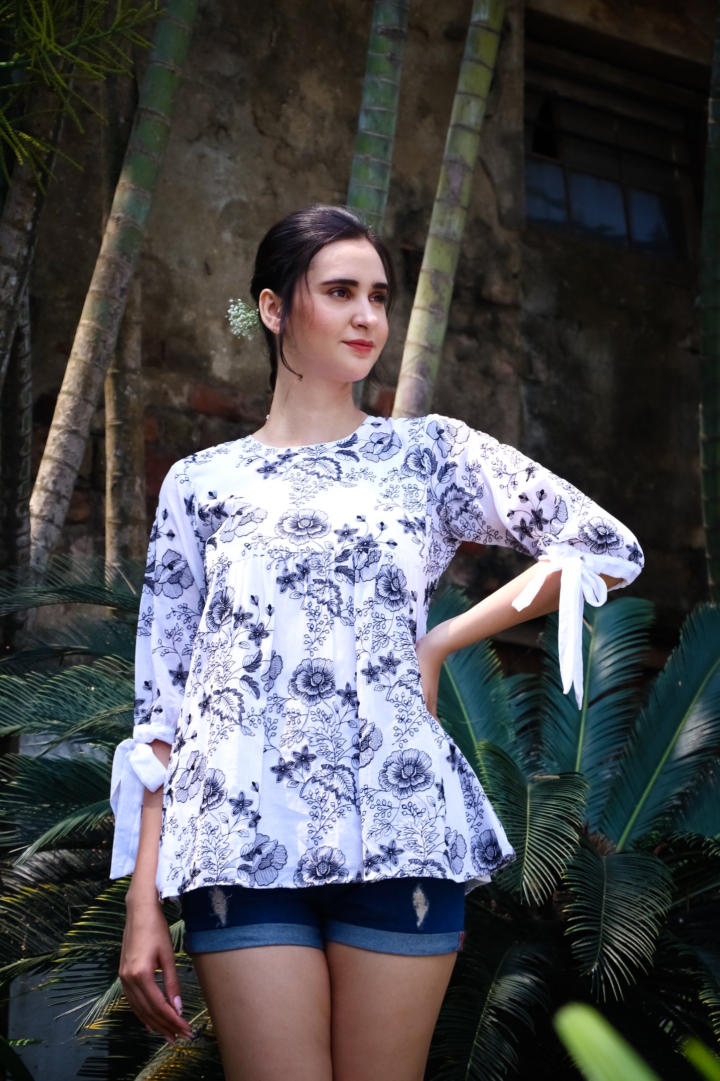 Chanderi white shirt with black digitally embroidered floral design