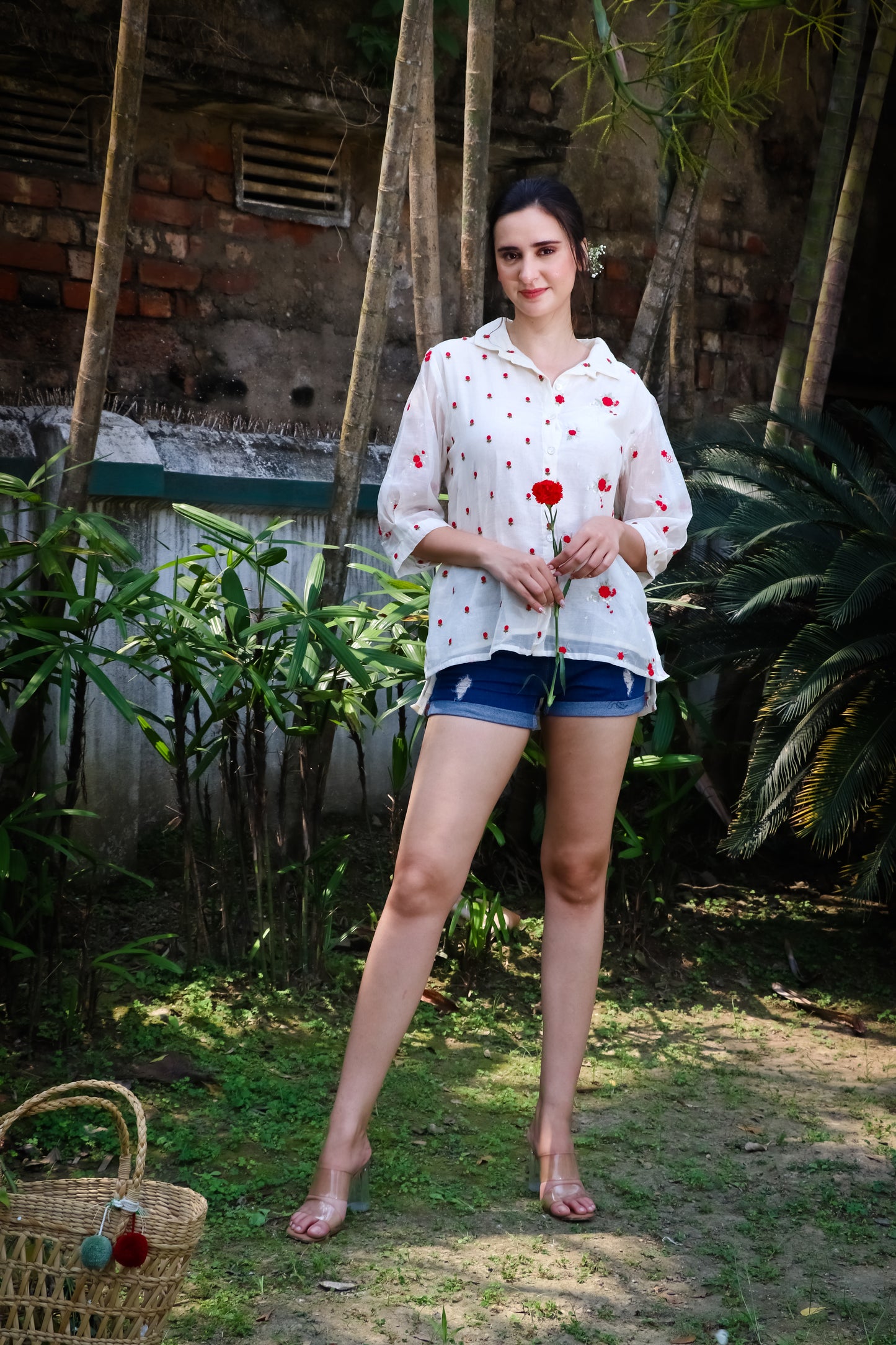 Off white chanderi red floral embroidered blooms shirt