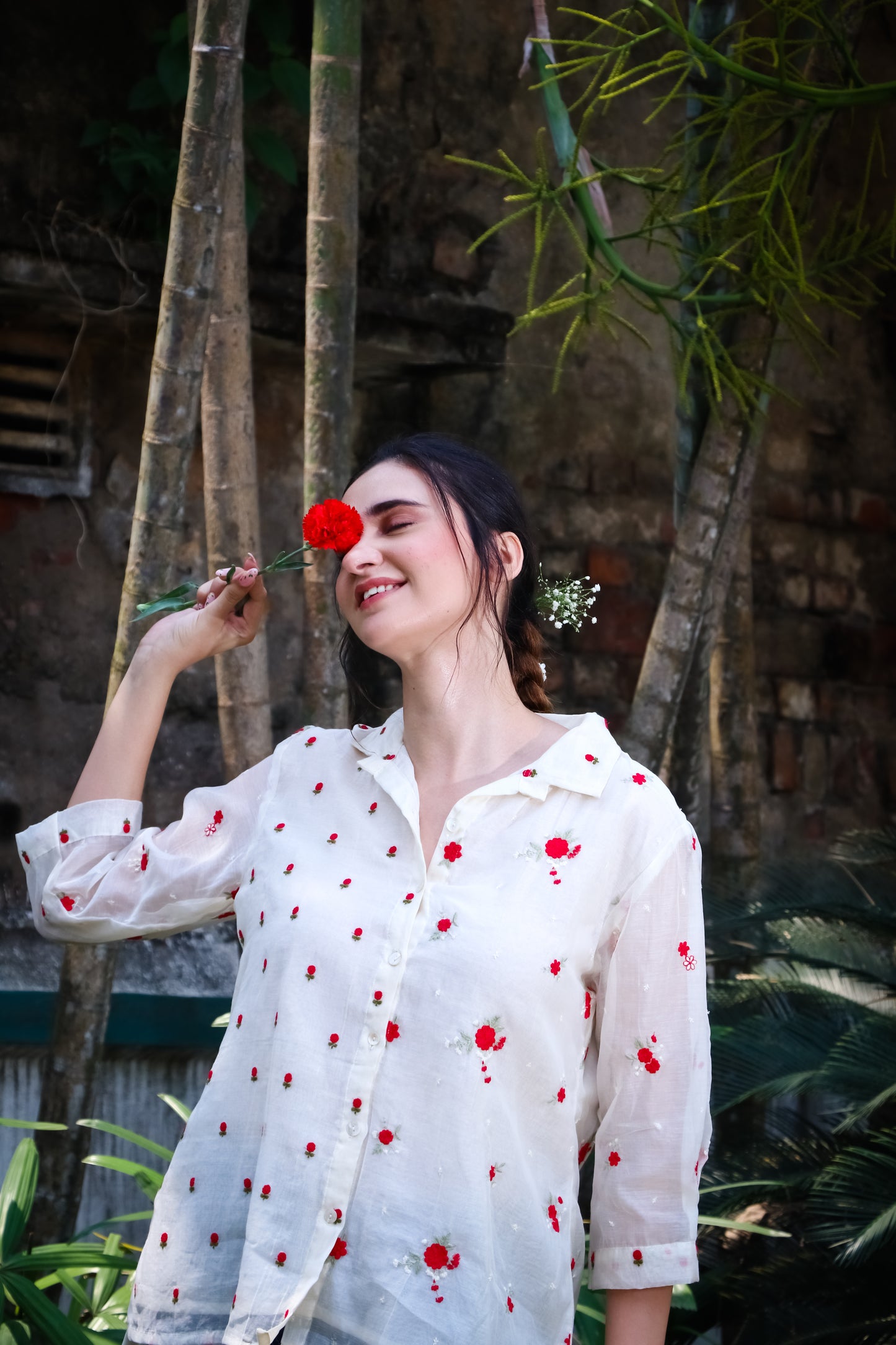 Off white chanderi red floral embroidered blooms shirt