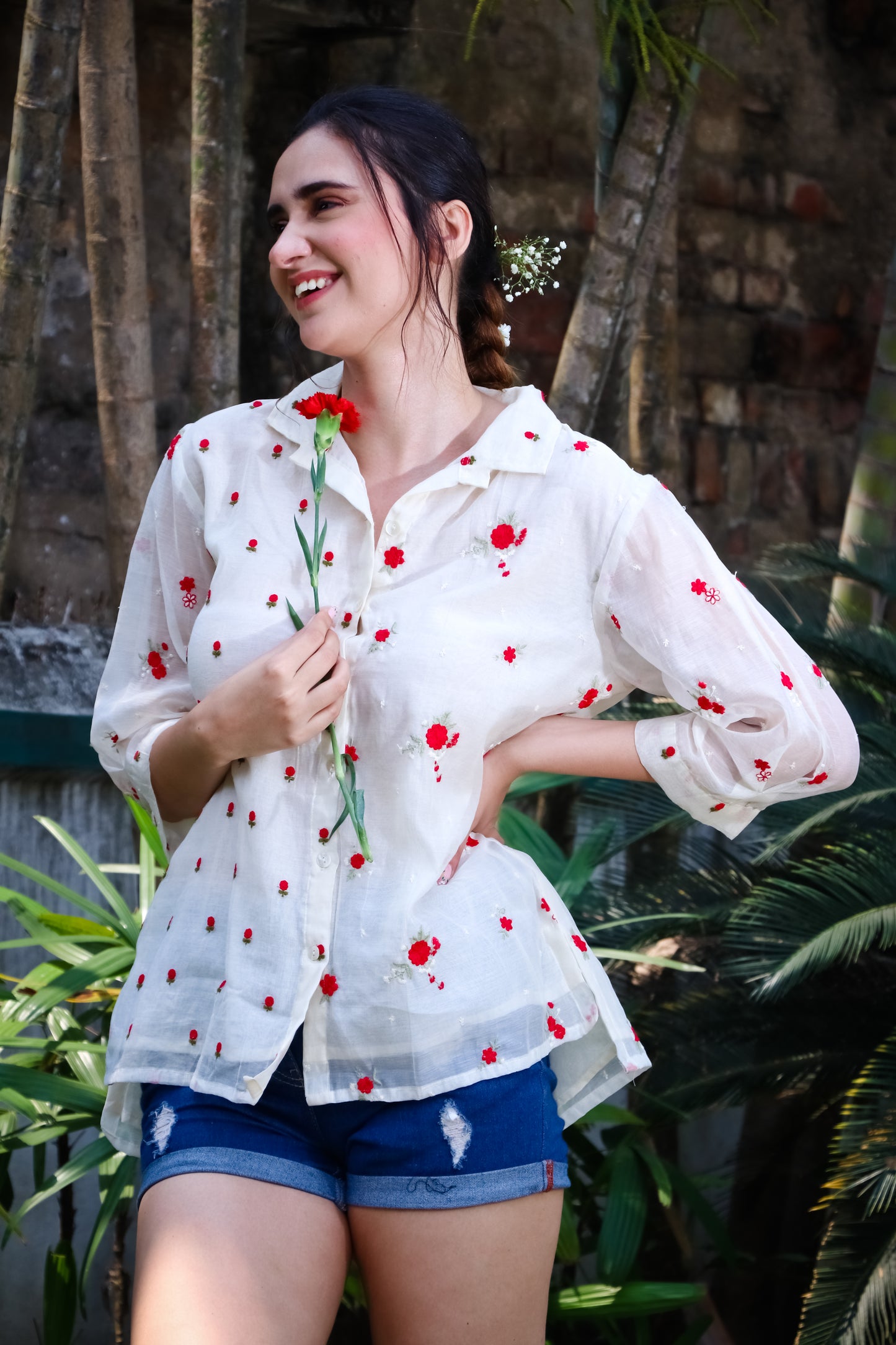 Off white chanderi red floral embroidered blooms shirt