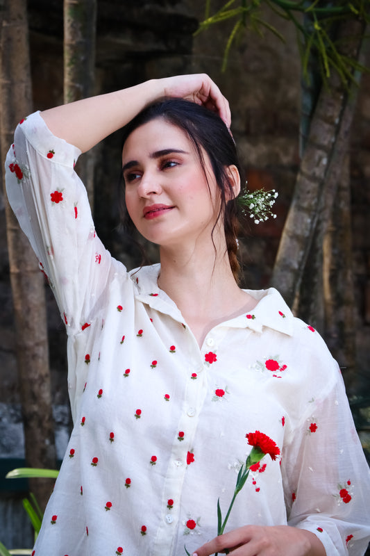 Off white chanderi red floral embroidered blooms shirt