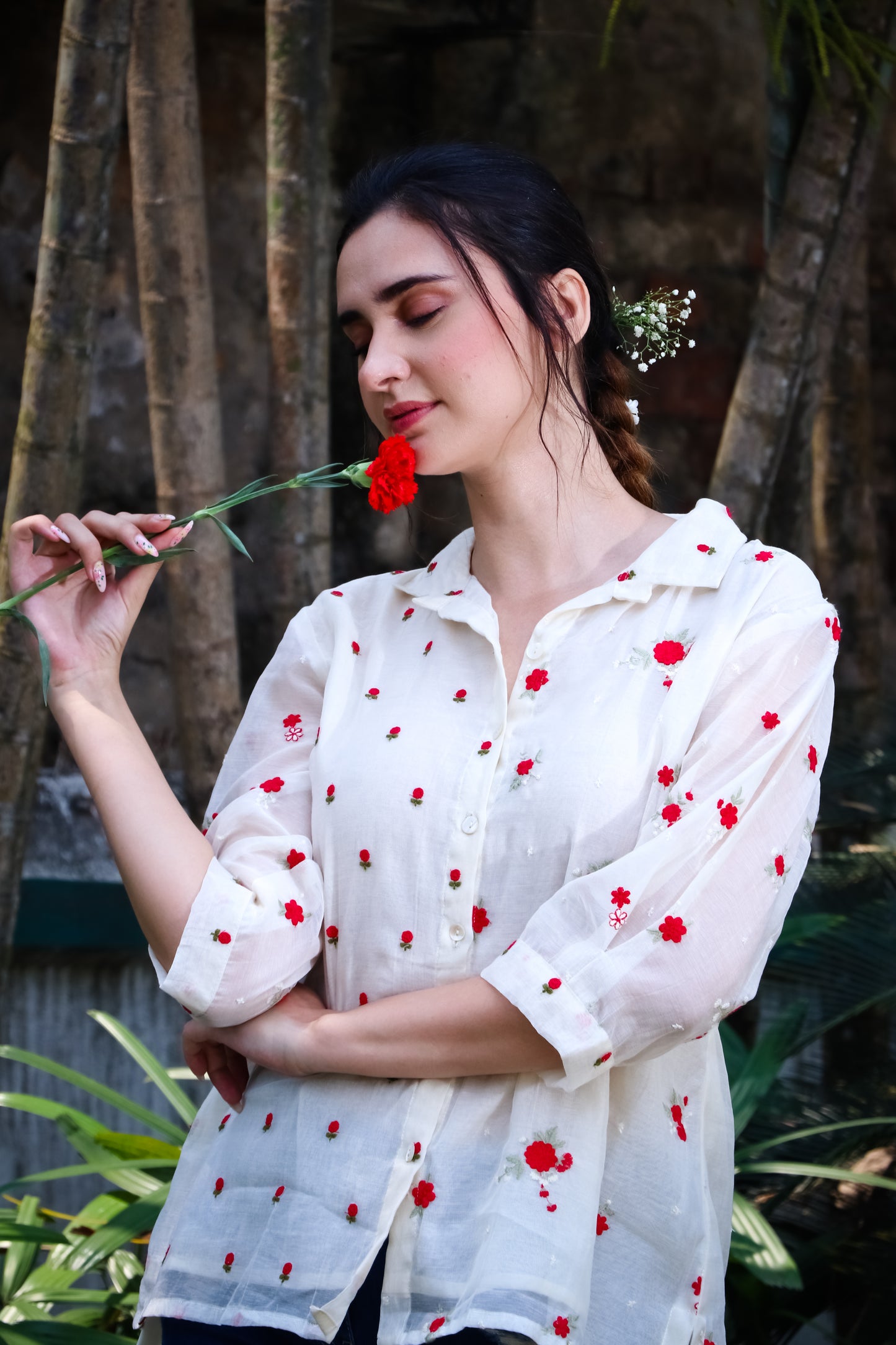 Off white chanderi red floral embroidered blooms shirt