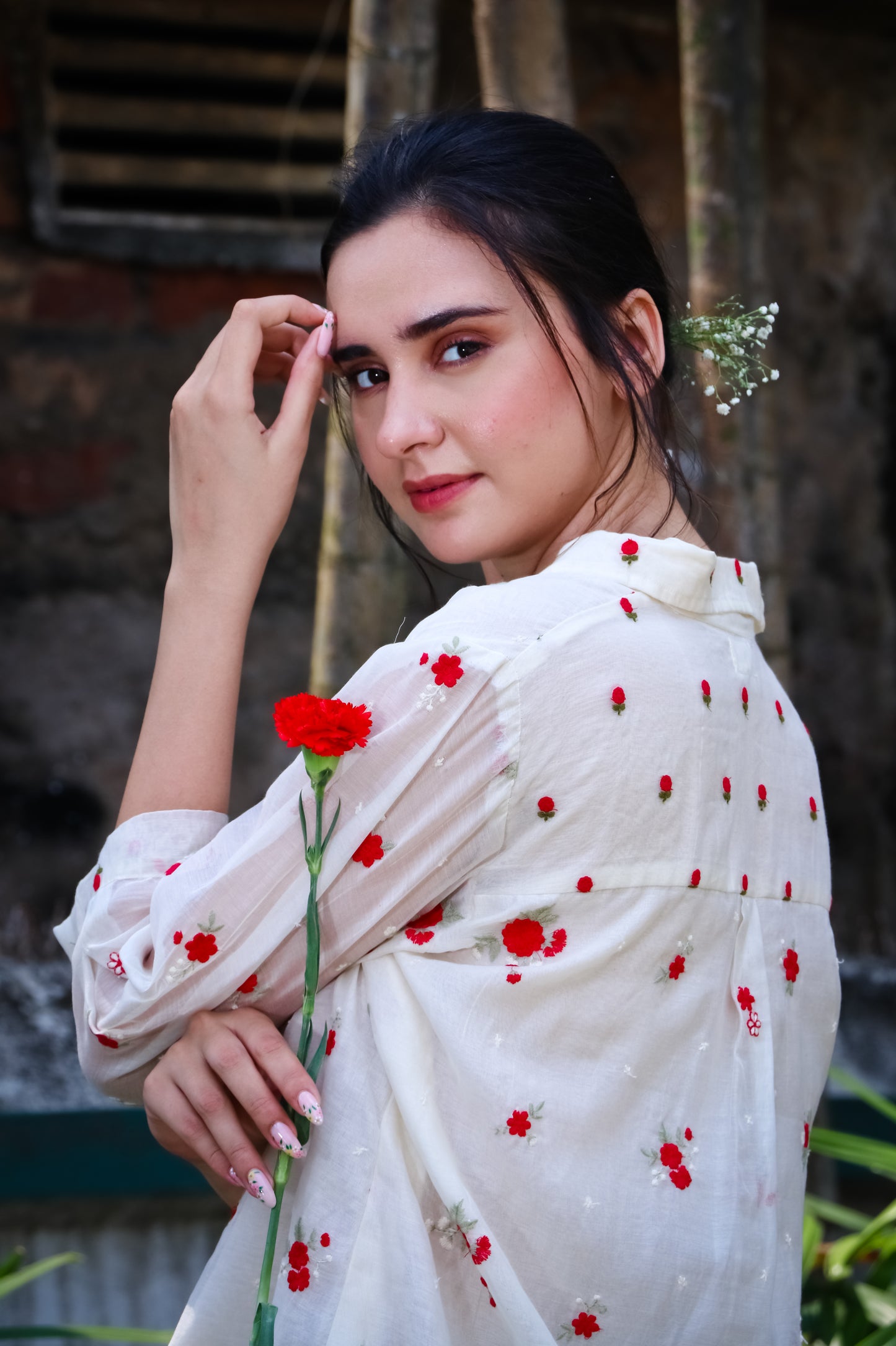 Off white chanderi red floral embroidered blooms shirt