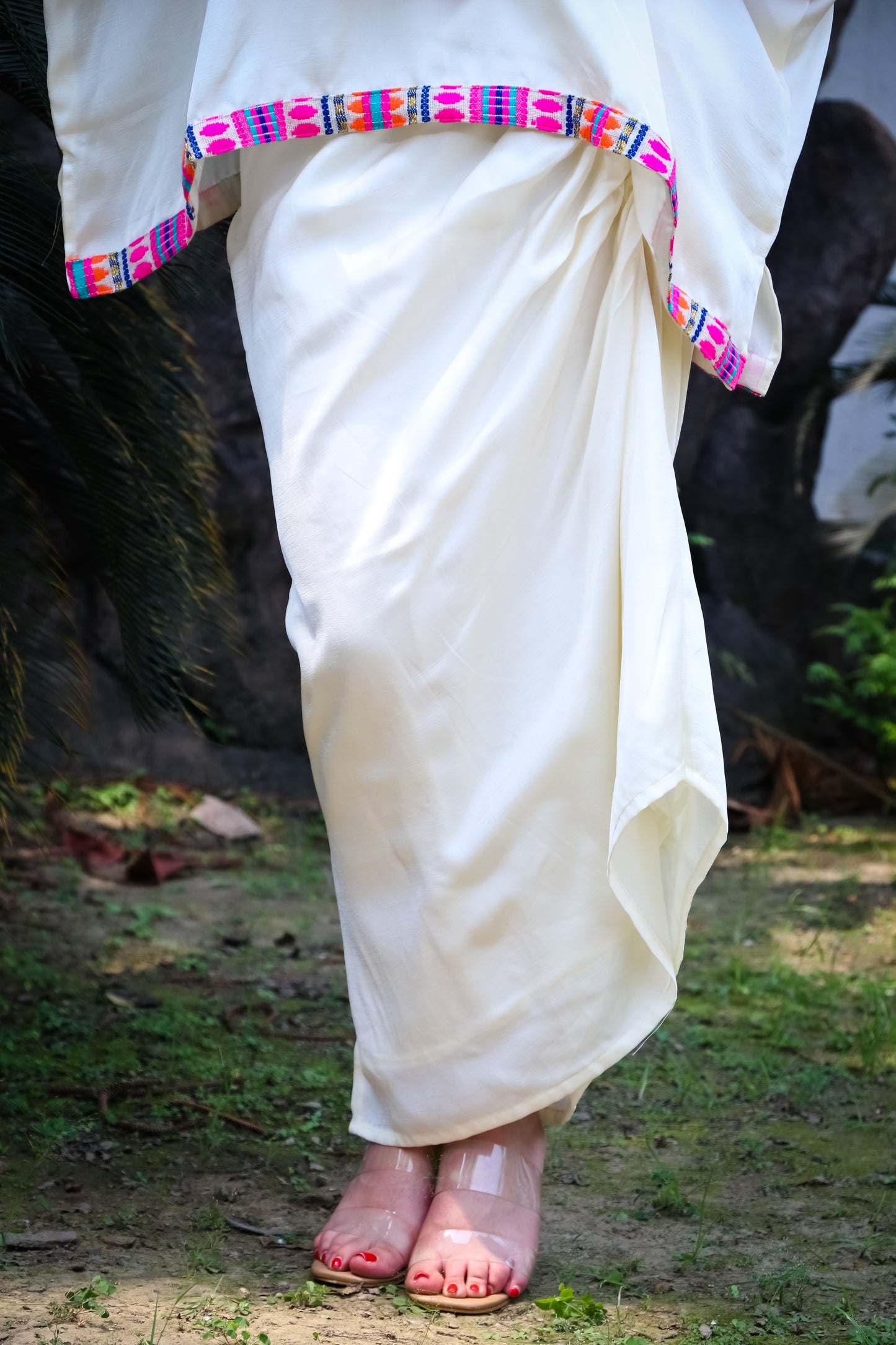 Off white satin silk shirt with jaquard colourful yoke and silk skirt with side gathers