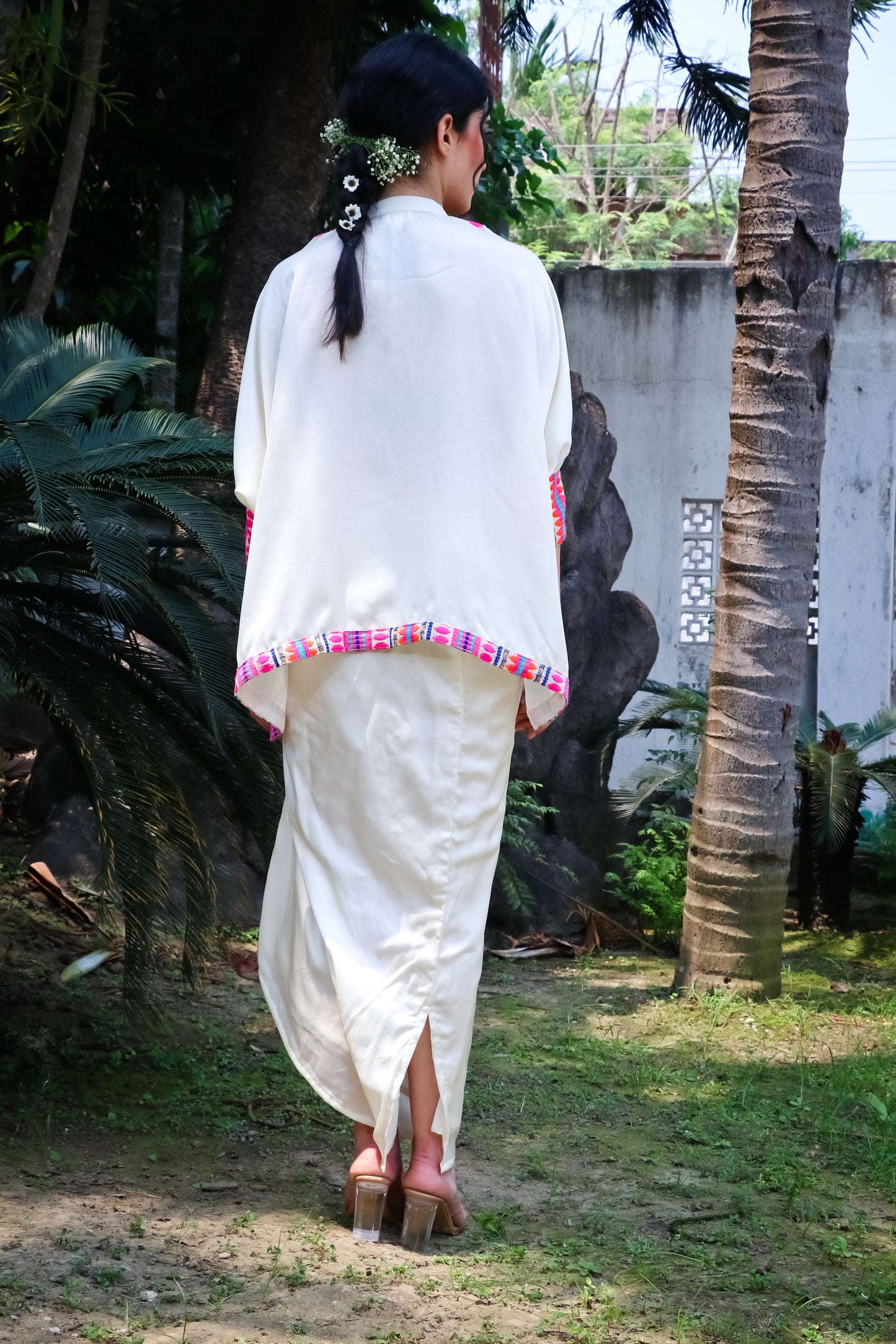 Off white satin silk shirt with jaquard colourful yoke and silk skirt with side gathers