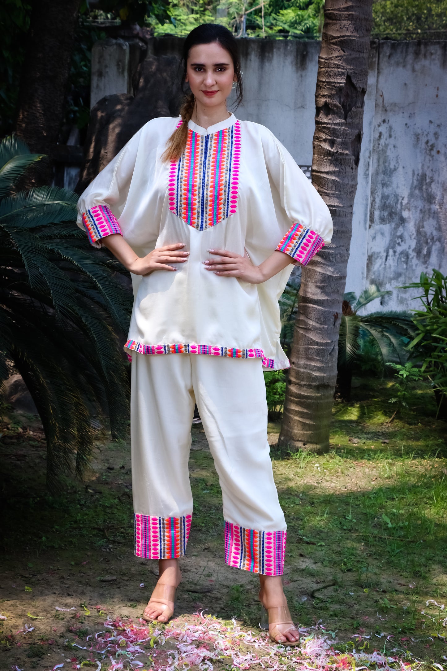 Off white satin silk shirt with pants and jacquard colourful yoke and detailing