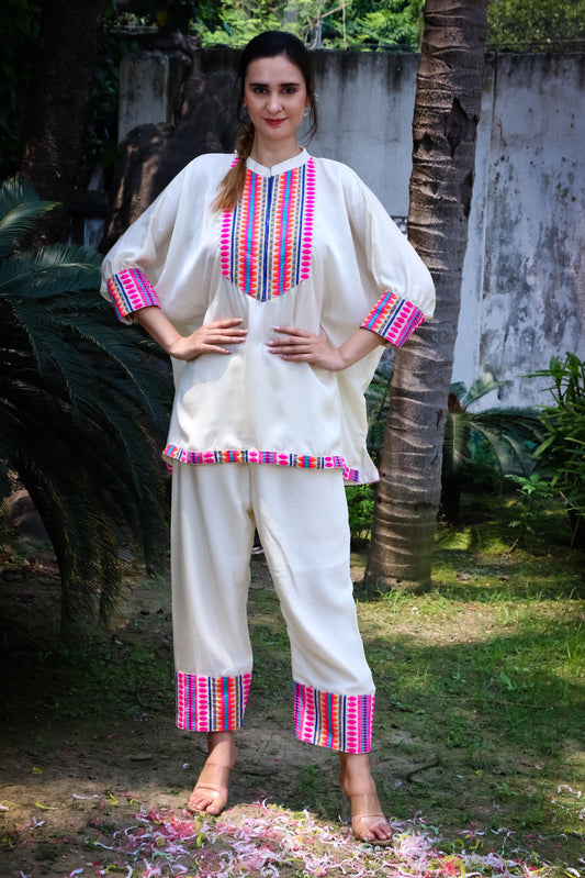 Off white satin silk shirt with pants and jacquard colourful yoke and detailing