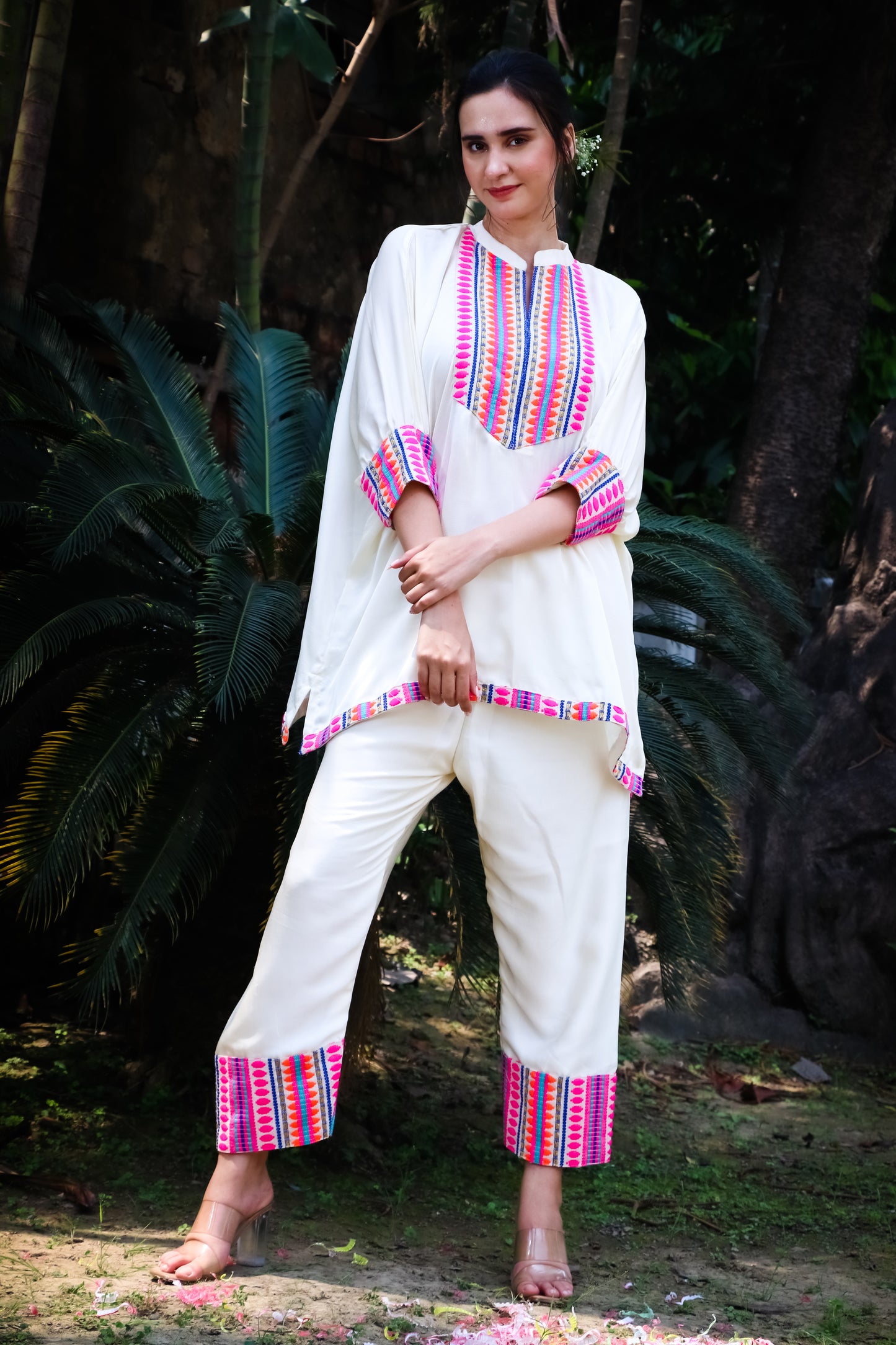 Off white satin silk shirt with pants and jacquard colourful yoke and detailing