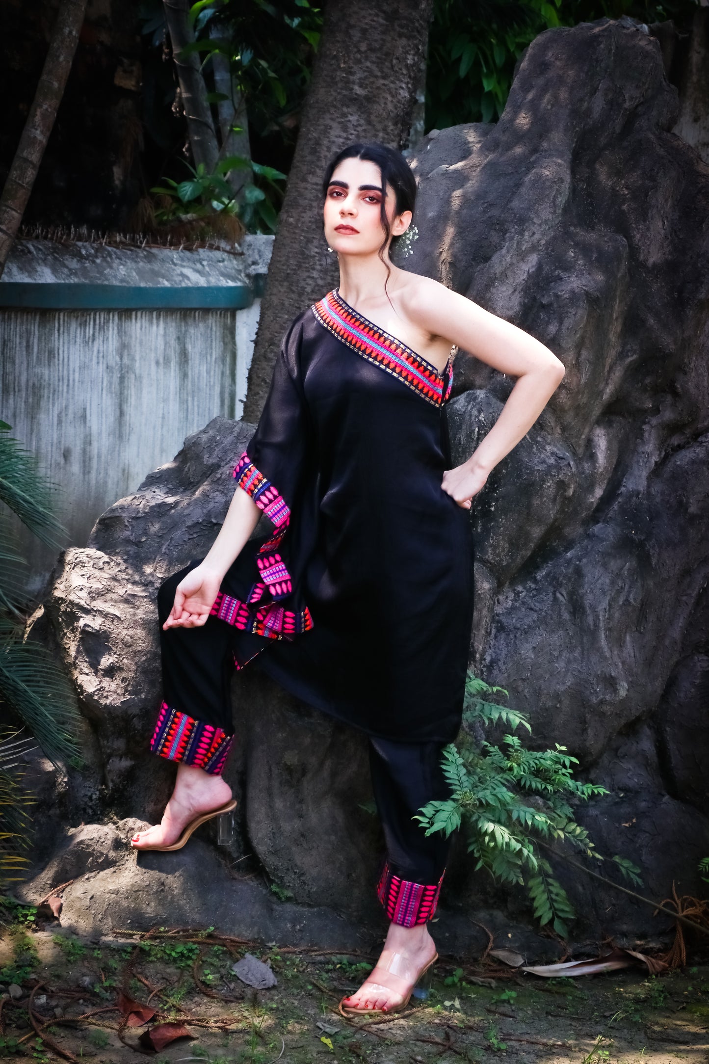 Black satin silk off shoulder kaftan style tunic with pants and jacquard colourful detailing