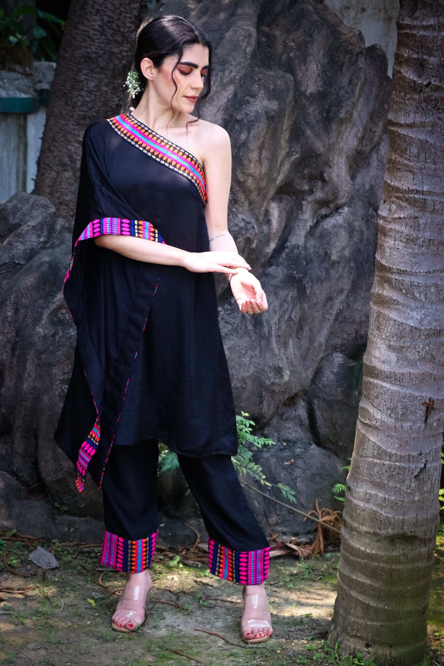 Black satin silk off shoulder kaftan style tunic with pants and jacquard colourful detailing