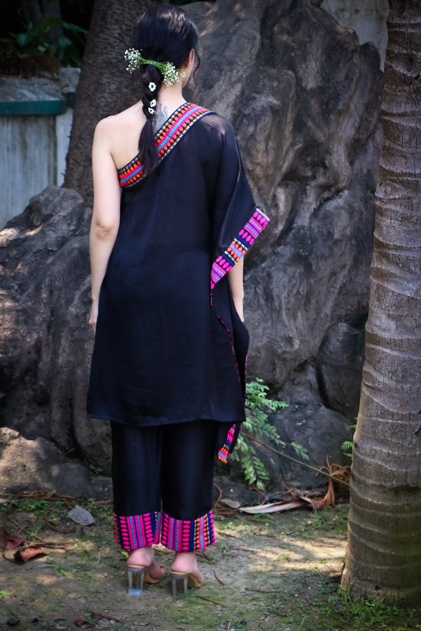 Black satin silk off shoulder kaftan style tunic with pants and jacquard colourful detailing