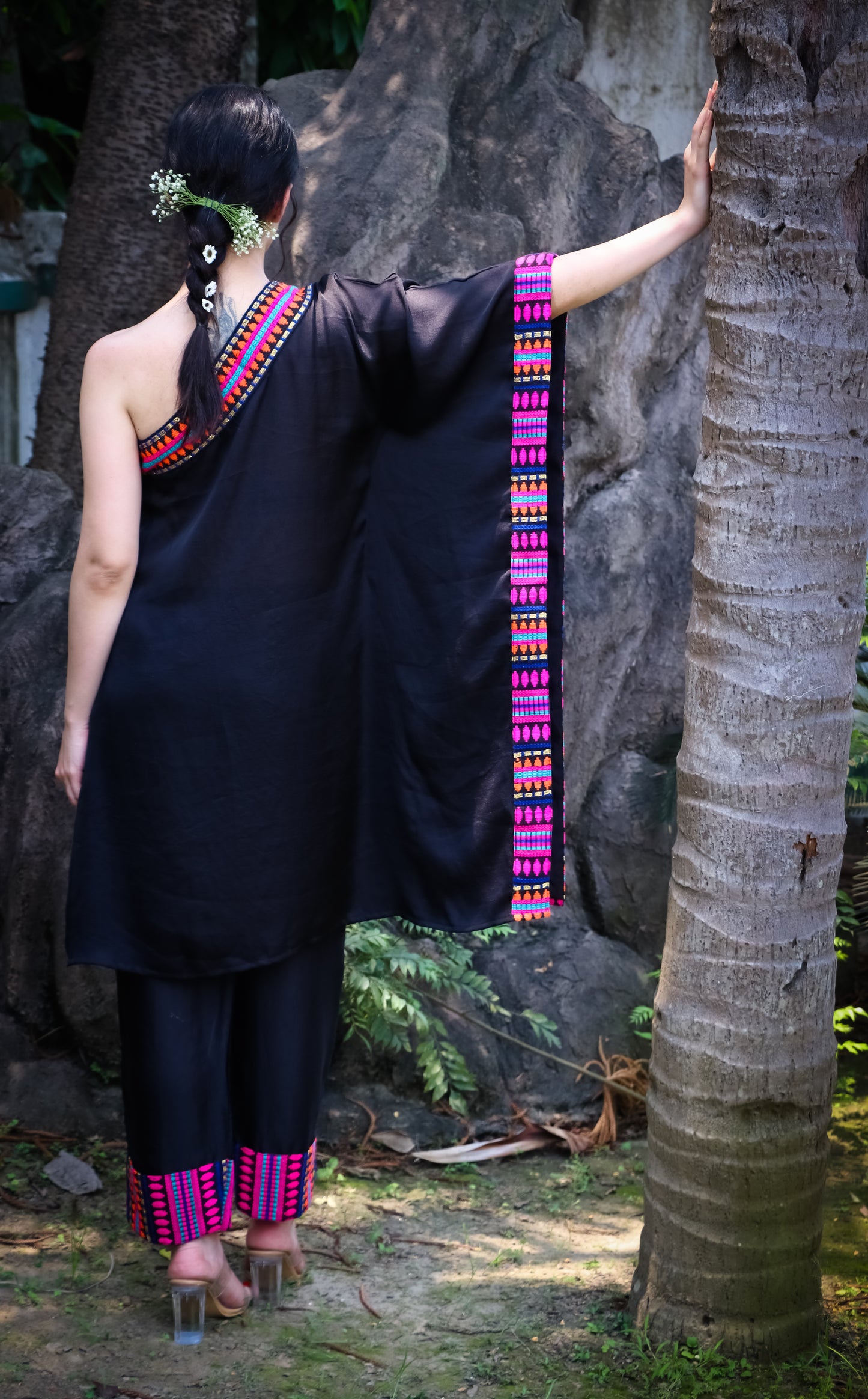 Black satin silk off shoulder kaftan style tunic with pants and jacquard colourful detailing