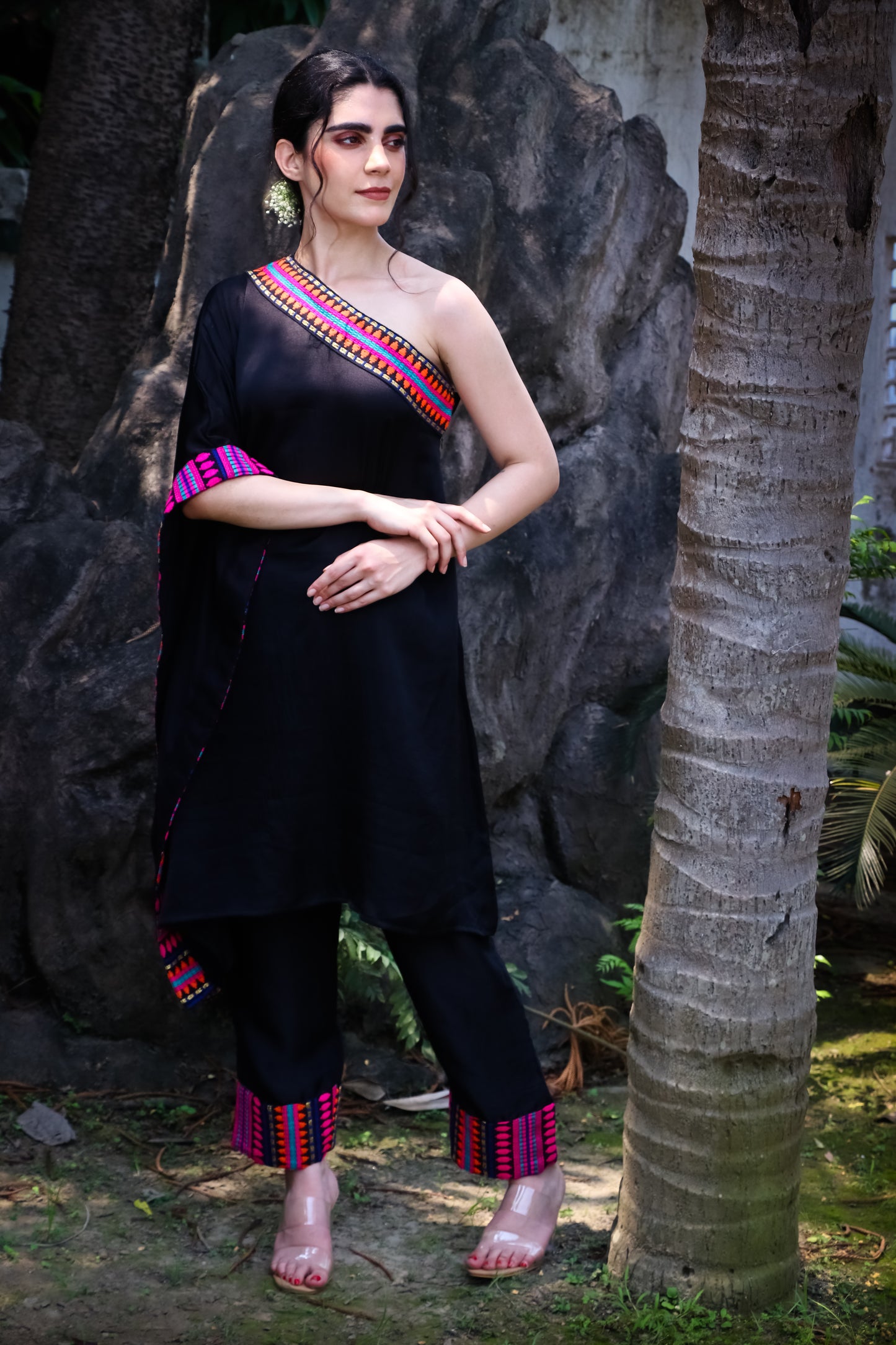 Black satin silk off shoulder kaftan style tunic with pants and jacquard colourful detailing