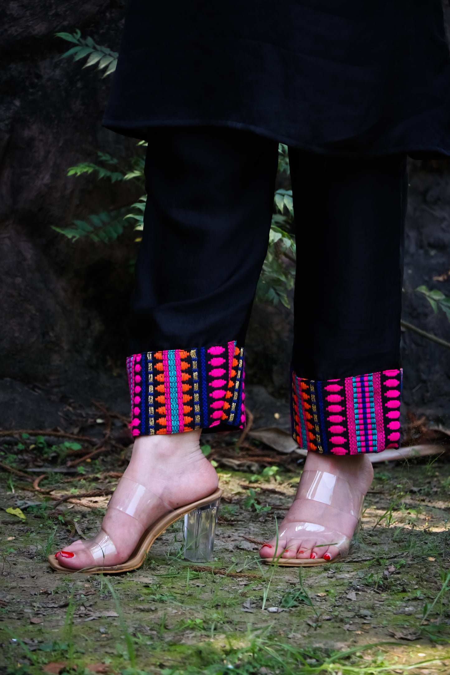 Black satin silk off shoulder kaftan style tunic with pants and jacquard colourful detailing