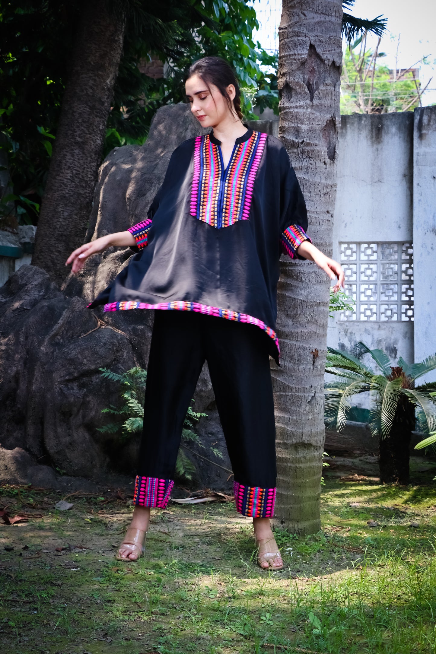 Black satin silk shirt and pant set with jacquard colourful yoke and detailing