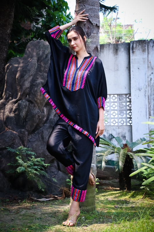 Black satin silk shirt and pant set with jacquard colourful yoke and detailing