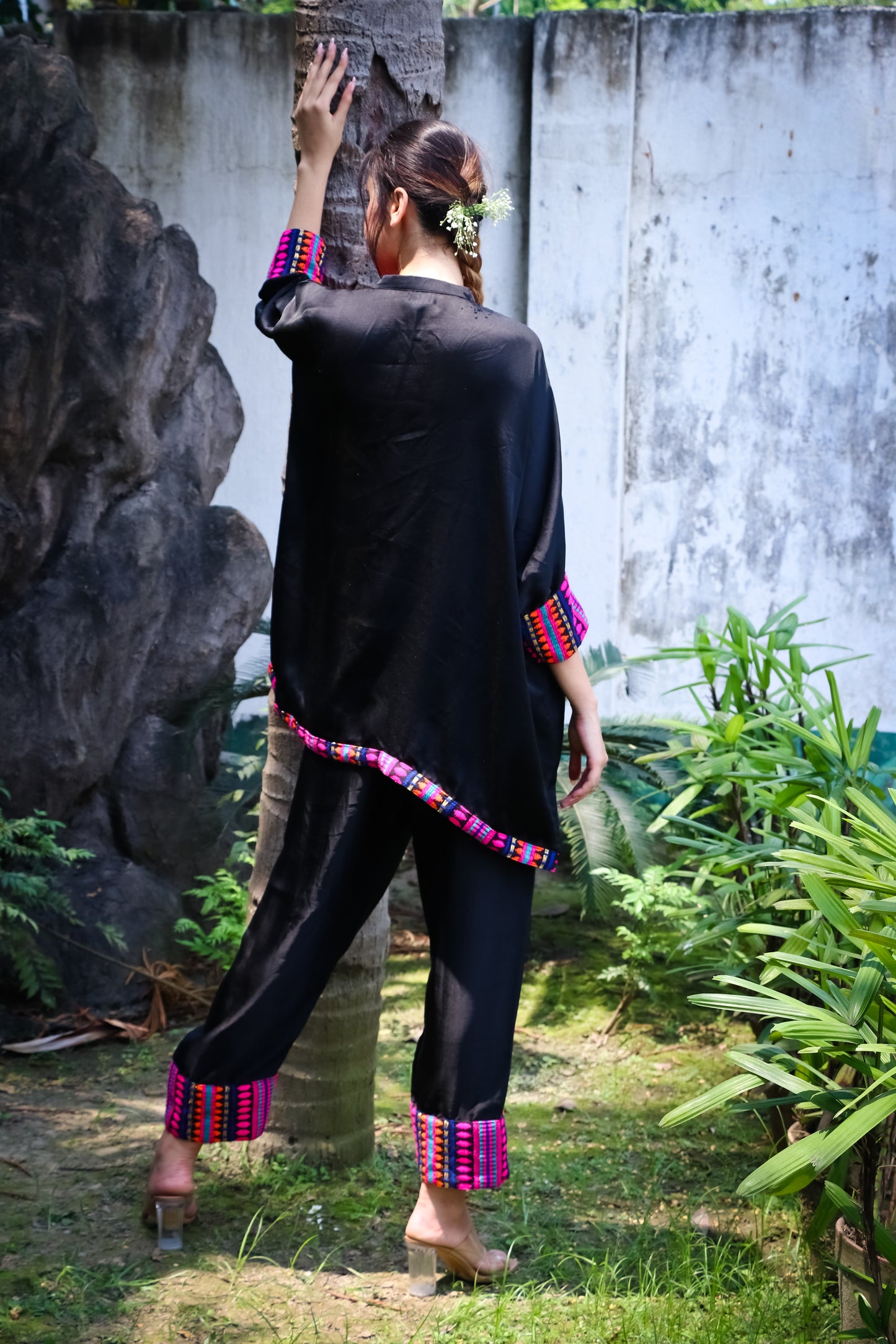 Black satin silk shirt and pant set with jacquard colourful yoke and detailing