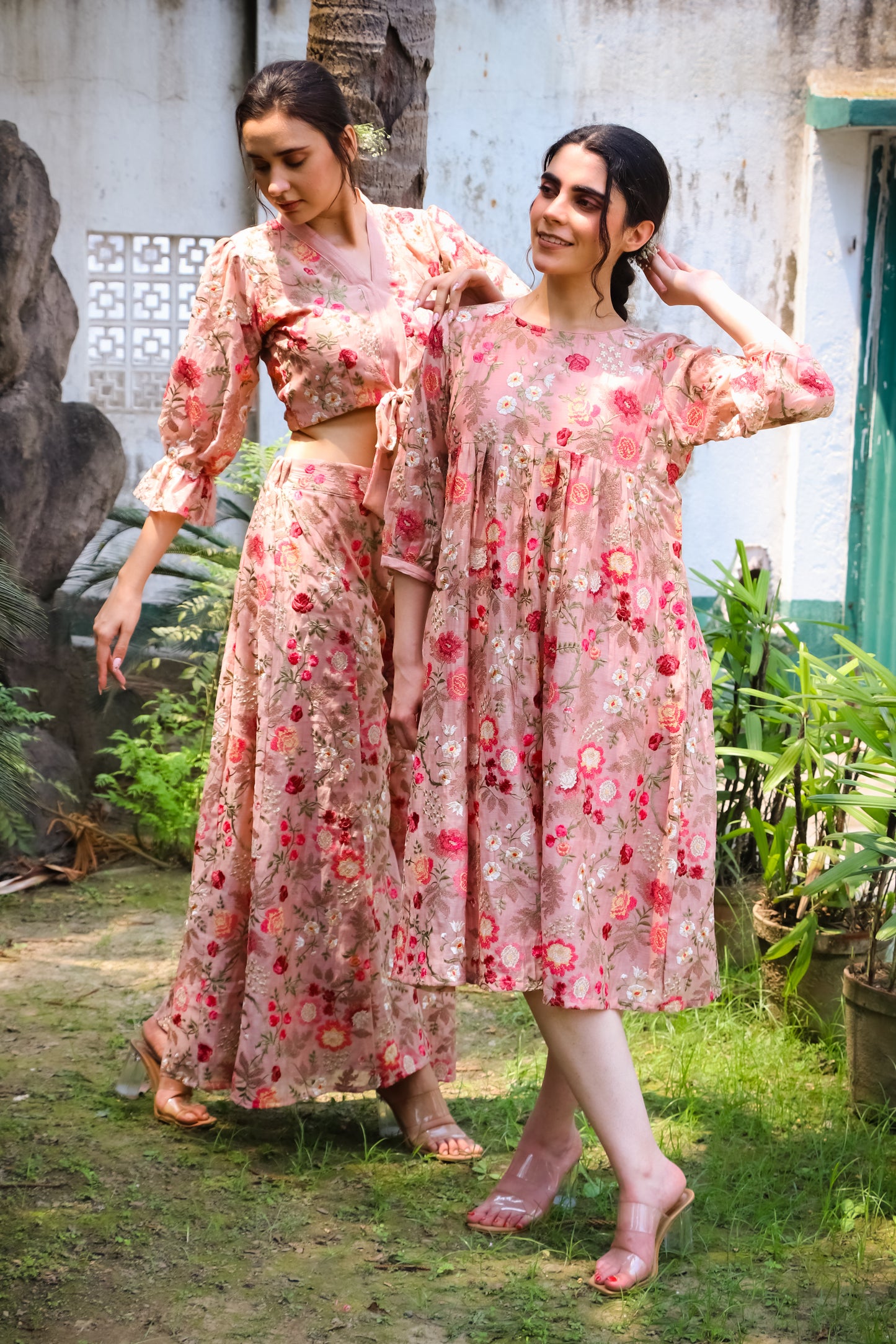 Peach digitally embroidered  kurta/dress.