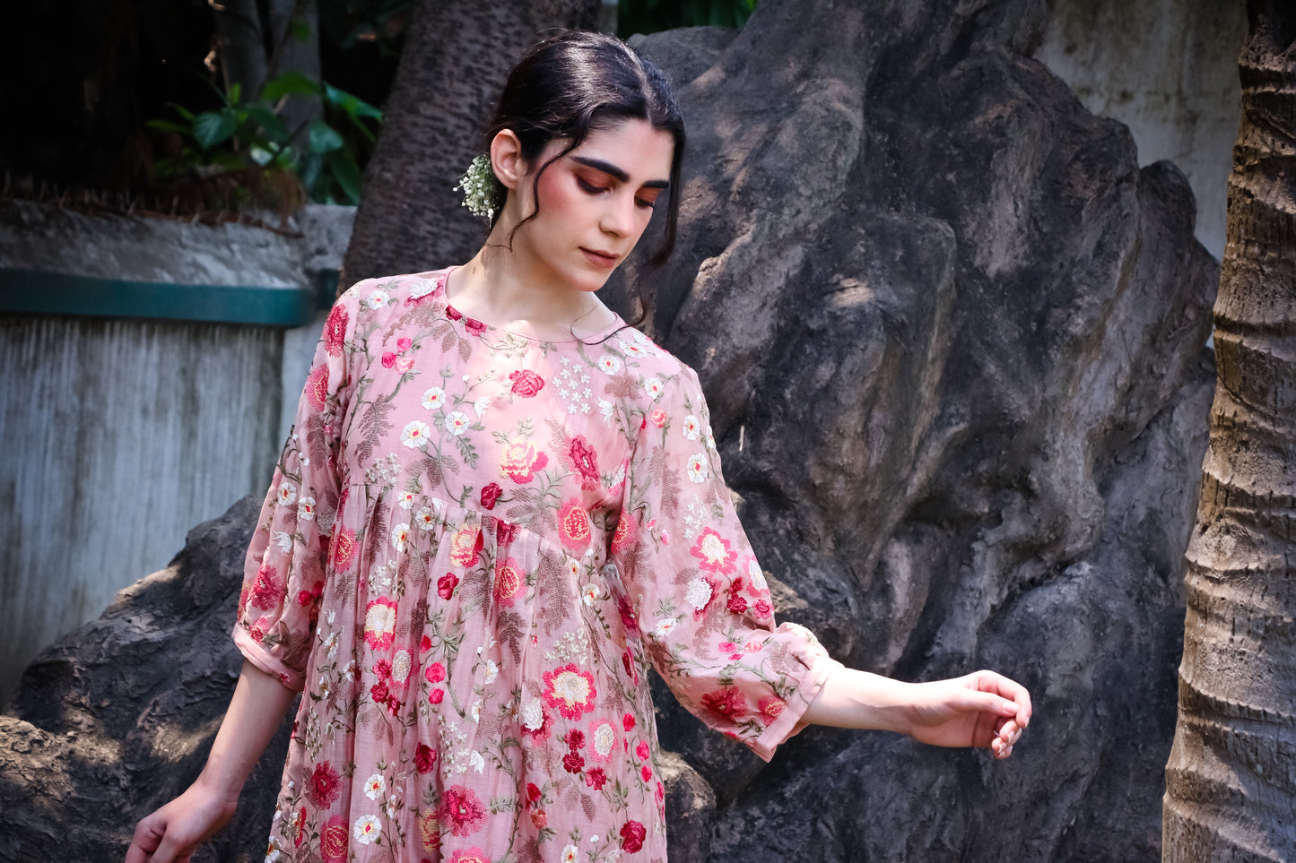 Peach digitally embroidered  kurta/dress.