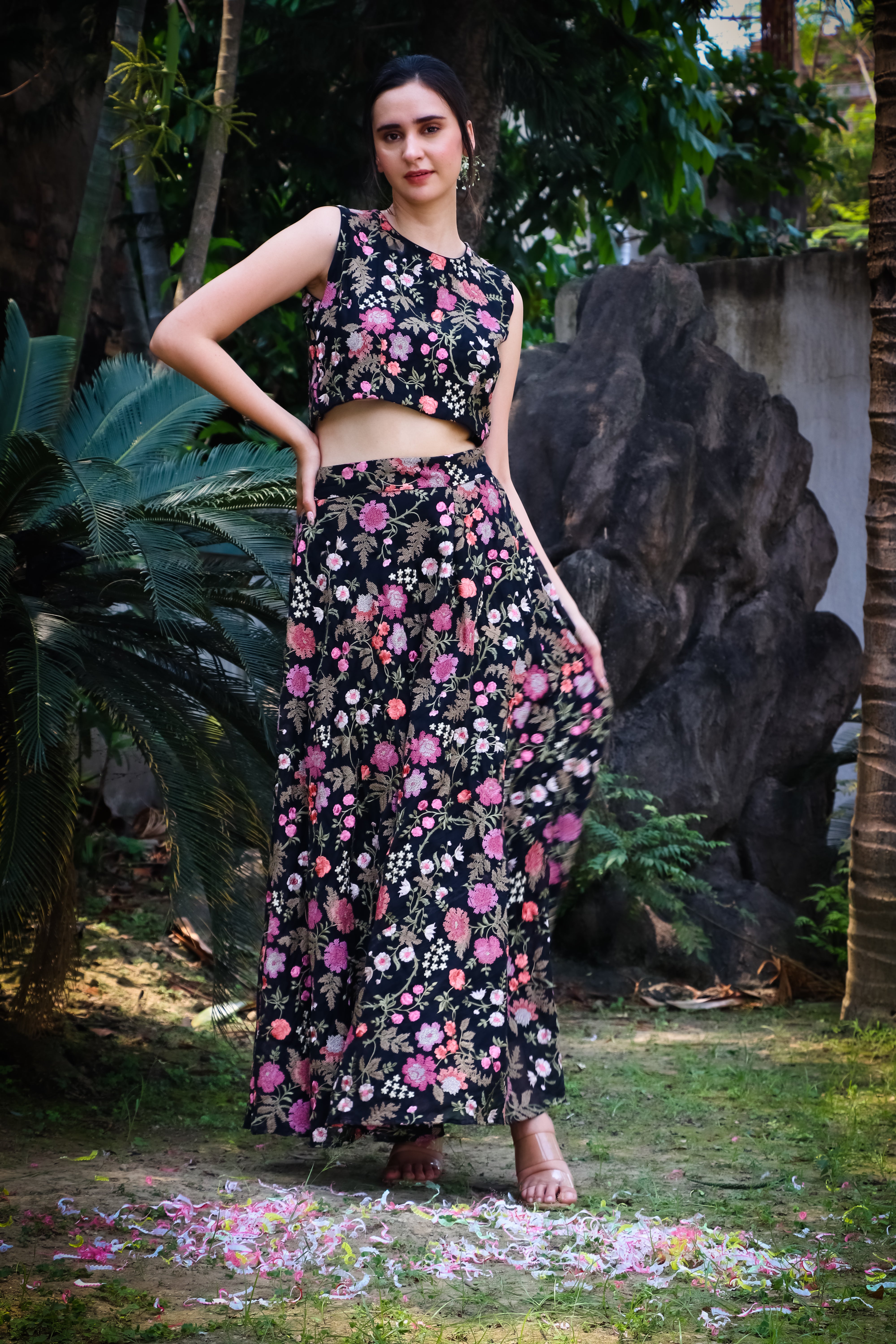 Black digitally embroidered crop top and lehenga skirt set