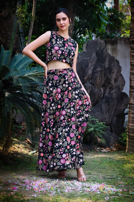 Black digitally embroidered crop top and lehenga/skirt set