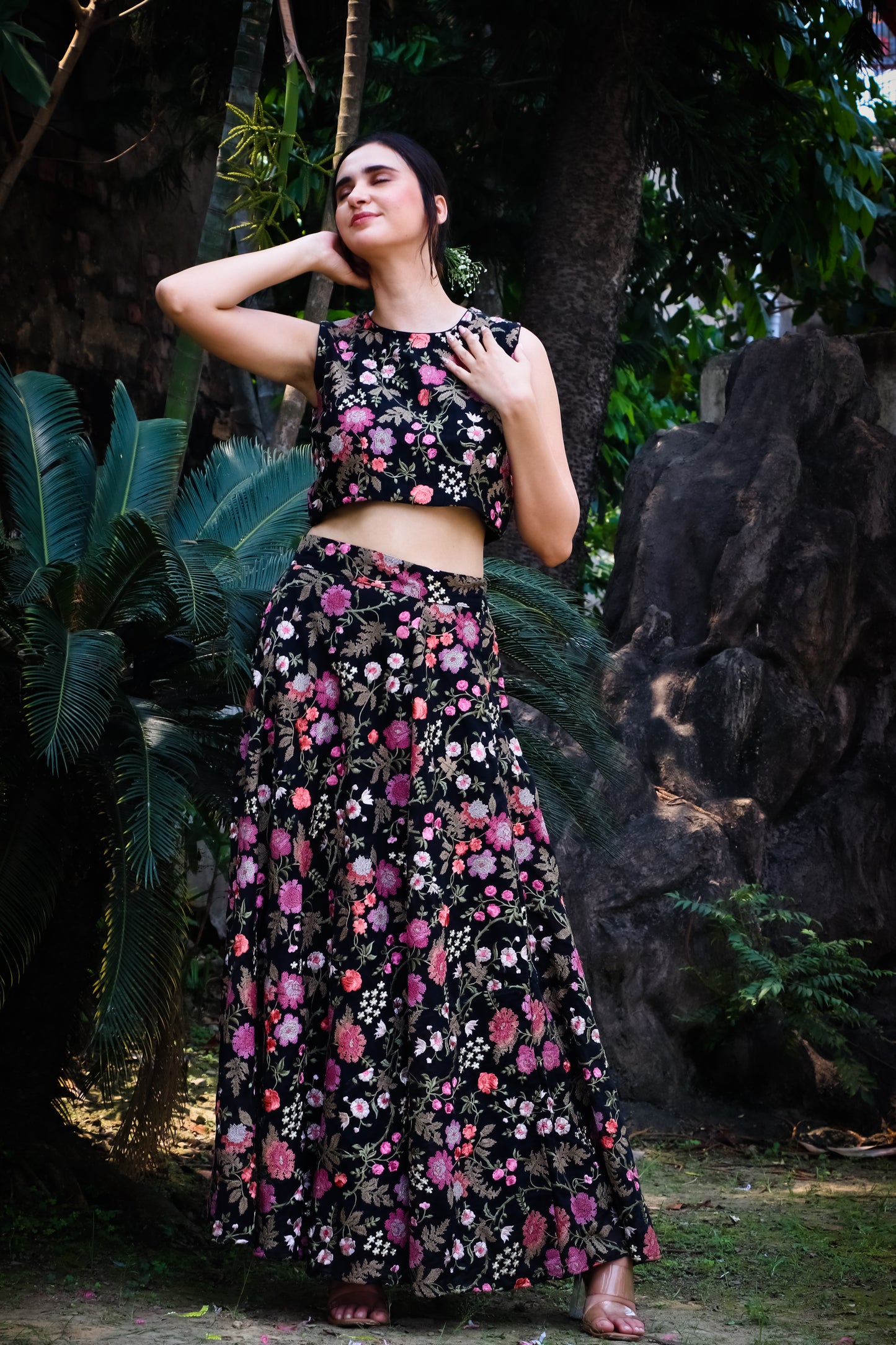 Black digitally embroidered crop top and lehenga/skirt set