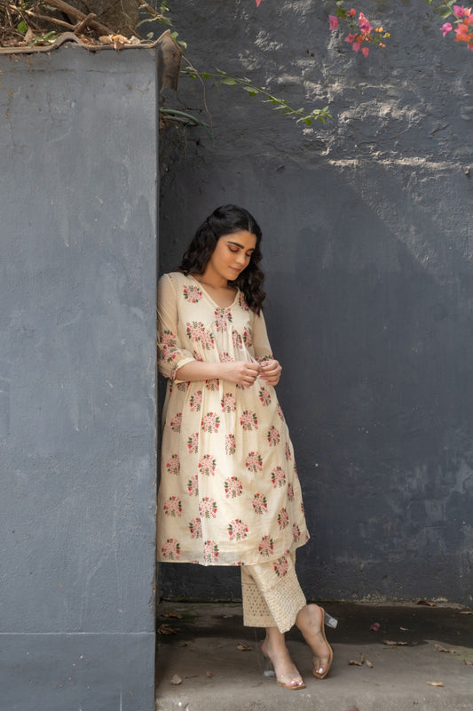 Floral motifs embroidered kurta/ dress in mulmul