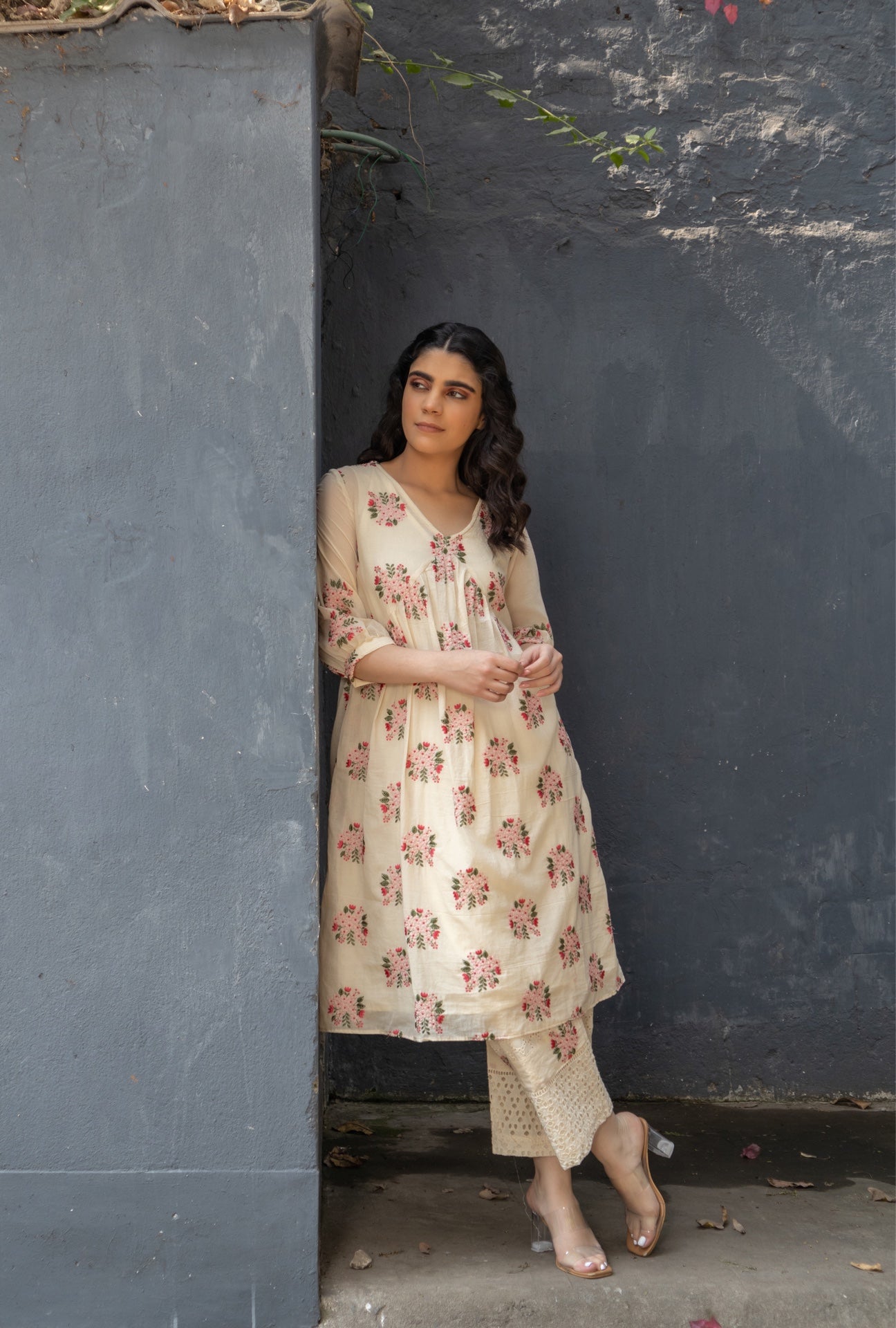 Floral motifs embroidered kurta/ dress in mulmul